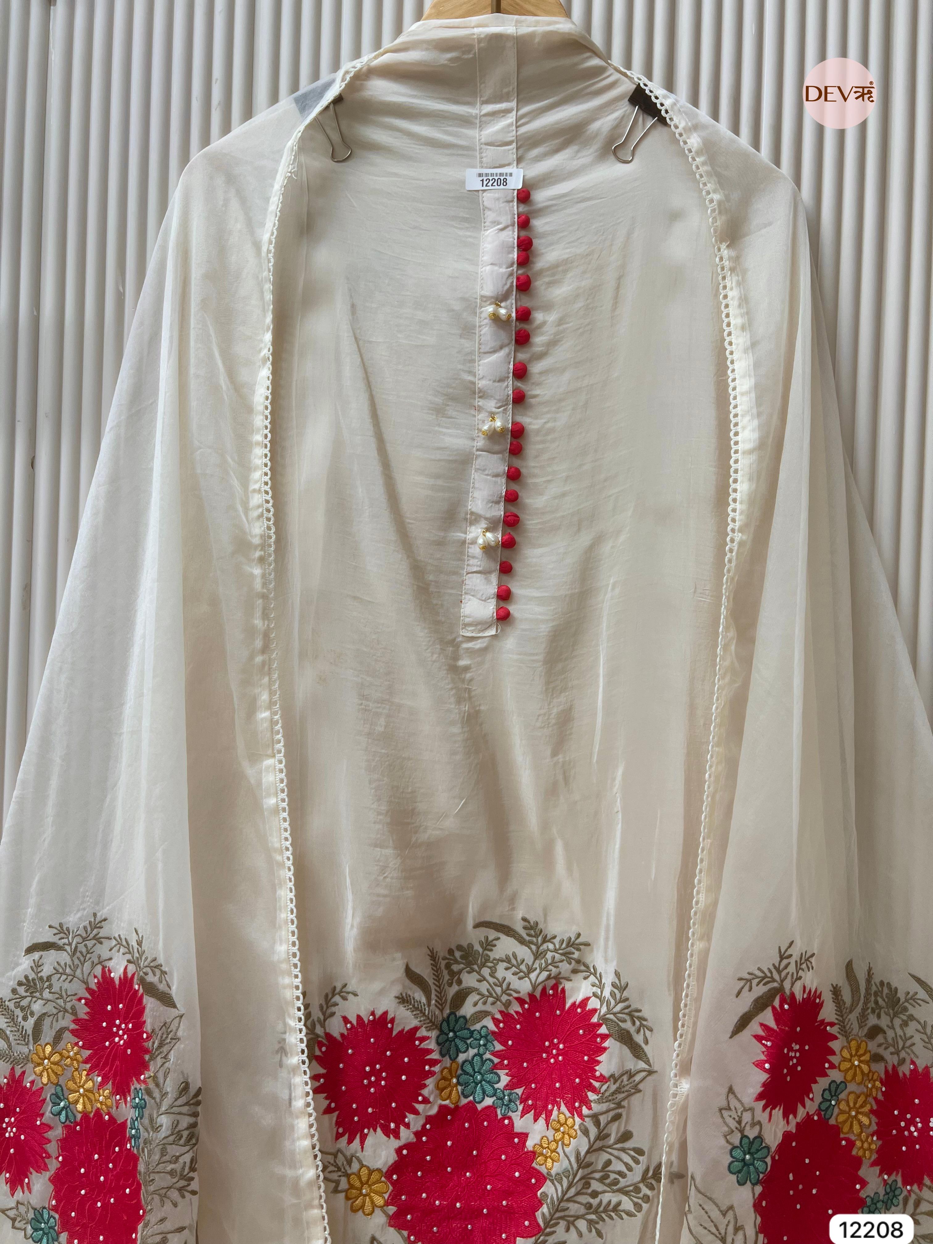 Ivory Glass Organza Embroidered Unstitched 3-Piece Suit (Devri – D.No 12208)