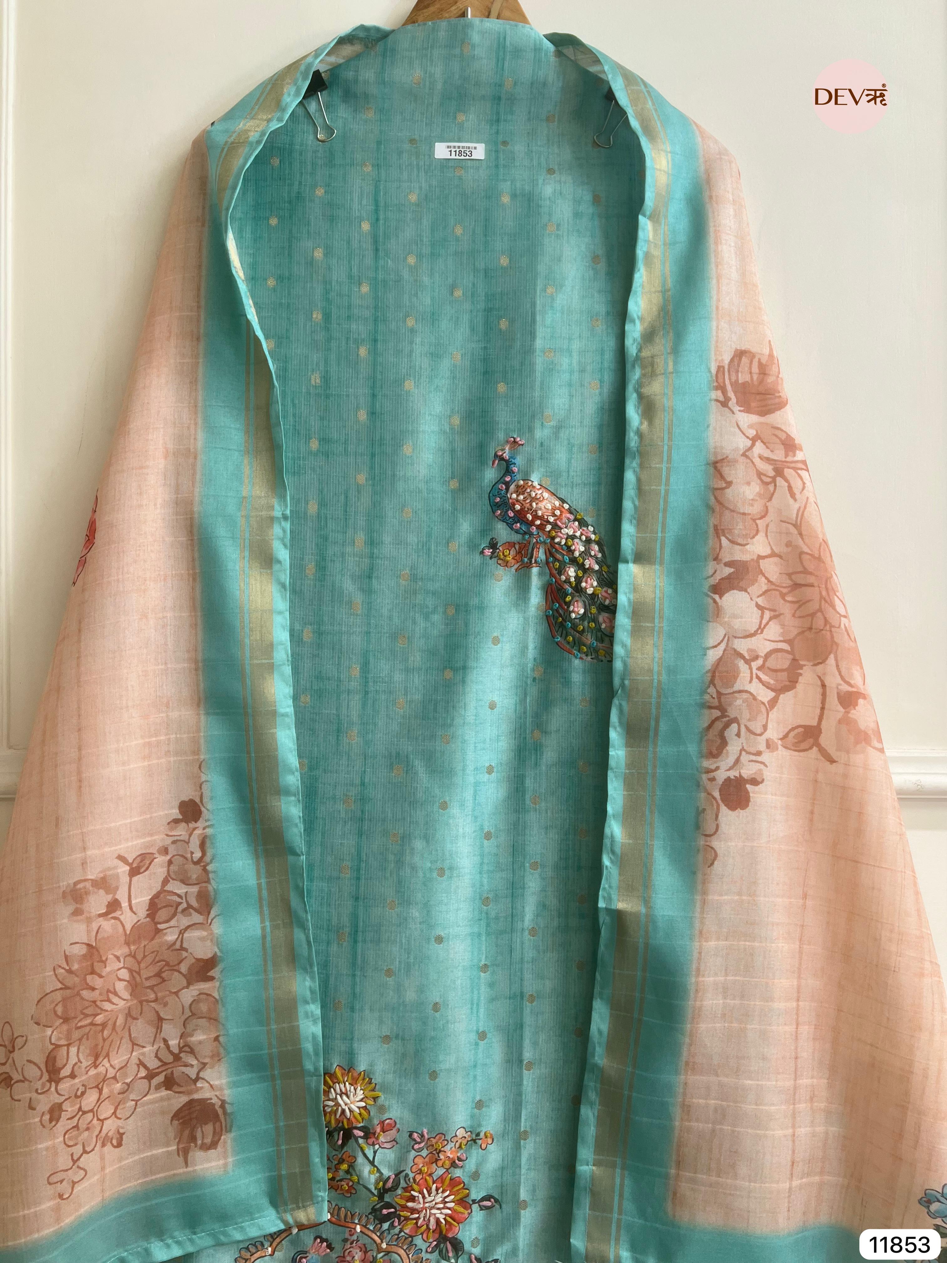 Light Blue Tusser Silk Unstitched Printed Hand Embroidered -Set Of 3- {11853}