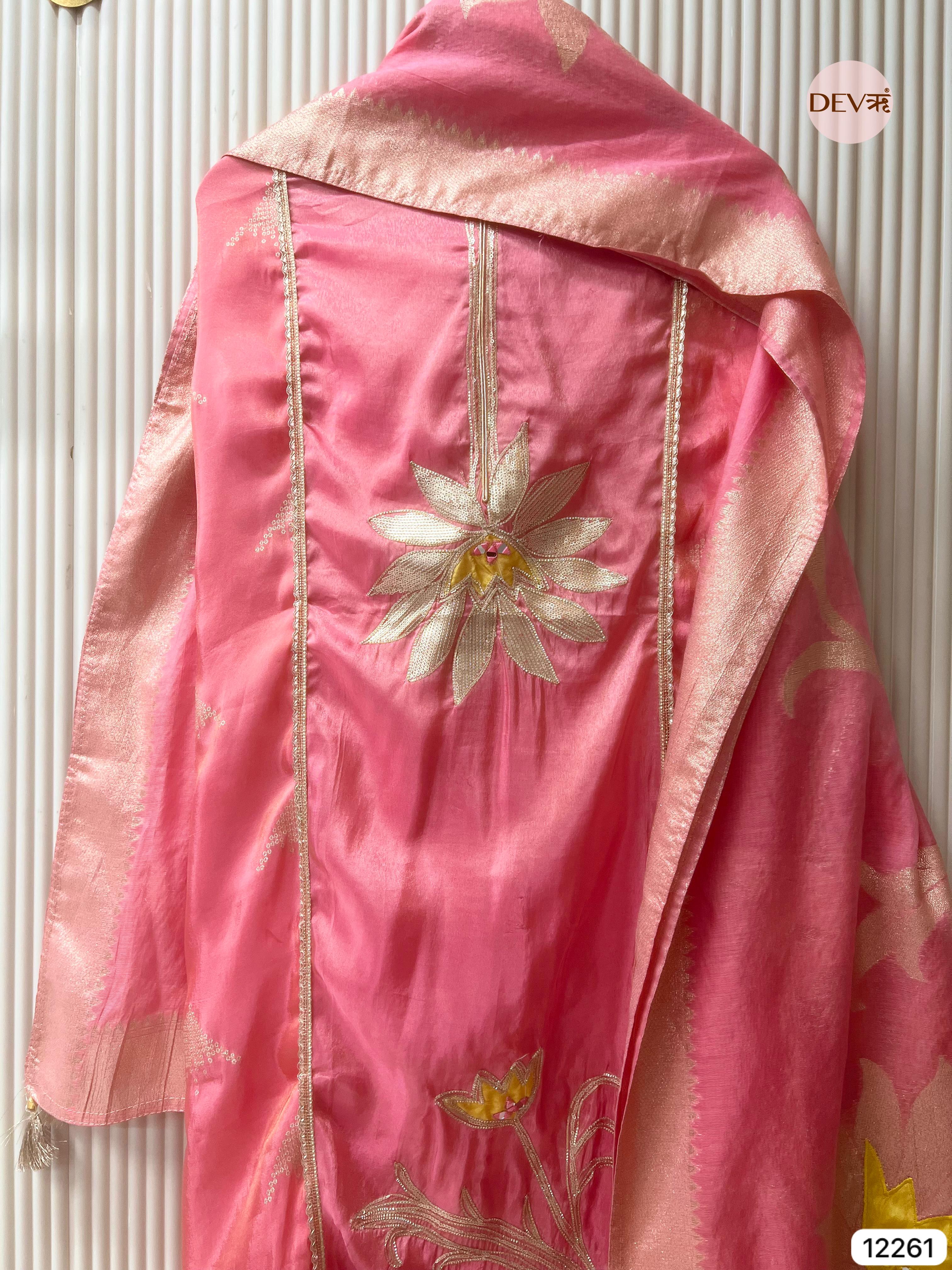 Pink Shimmer Silk Embroidered Unstitched 3-Piece Suit (Devri – D.No 12261)