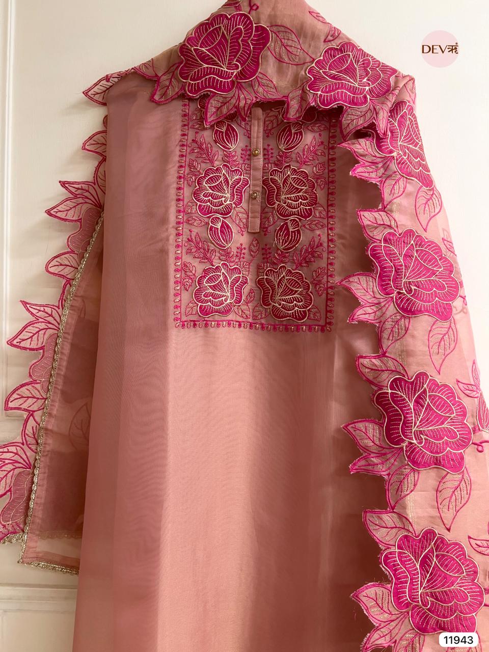 Pink Pure Tissue Shimmer Silk Unstitched Embroidered -Set Of 3 - {11943}