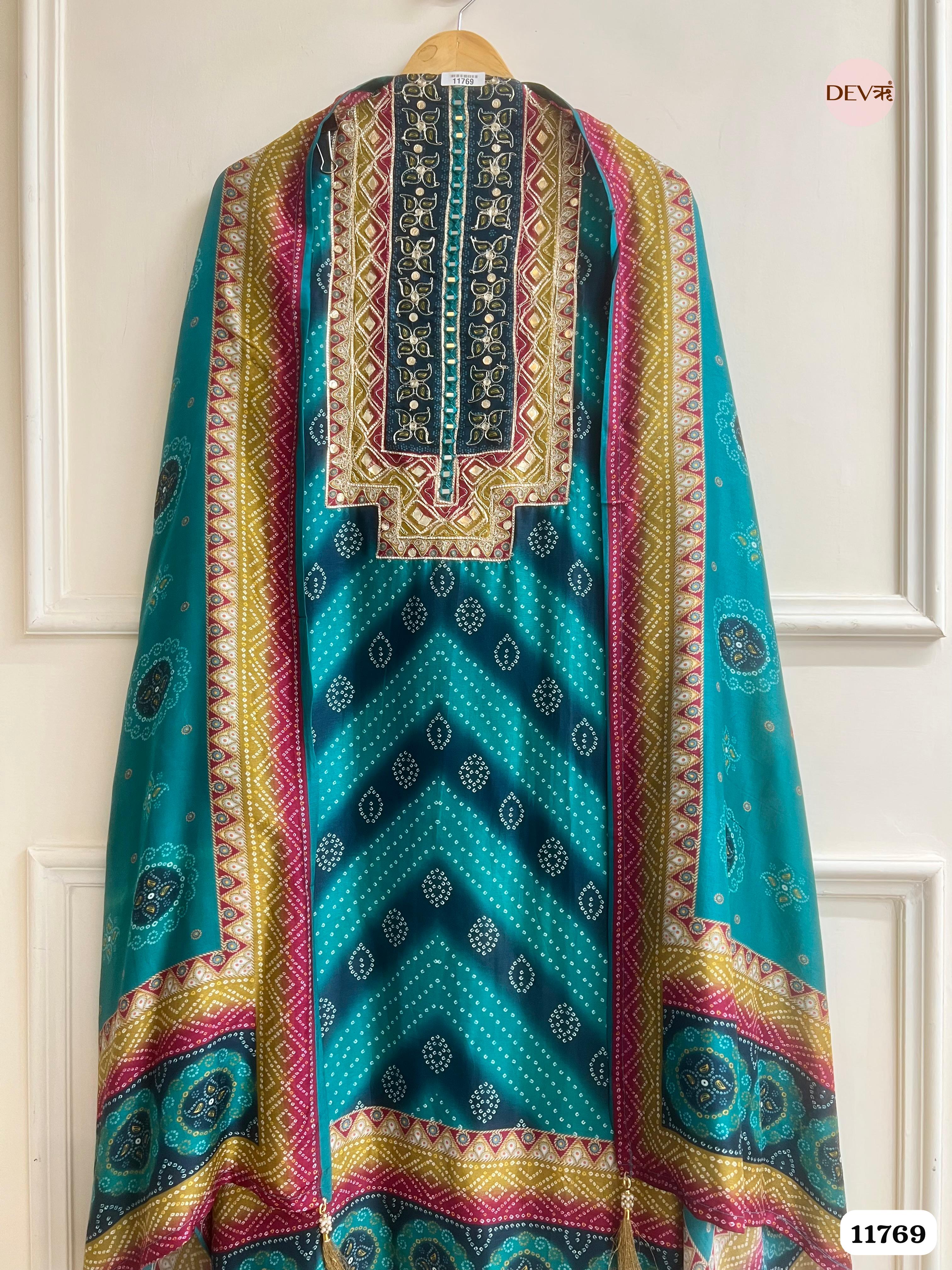 Blue Green Russian Silk Printed Unstitched Hand Embroidered -Set Of 3 {11769}