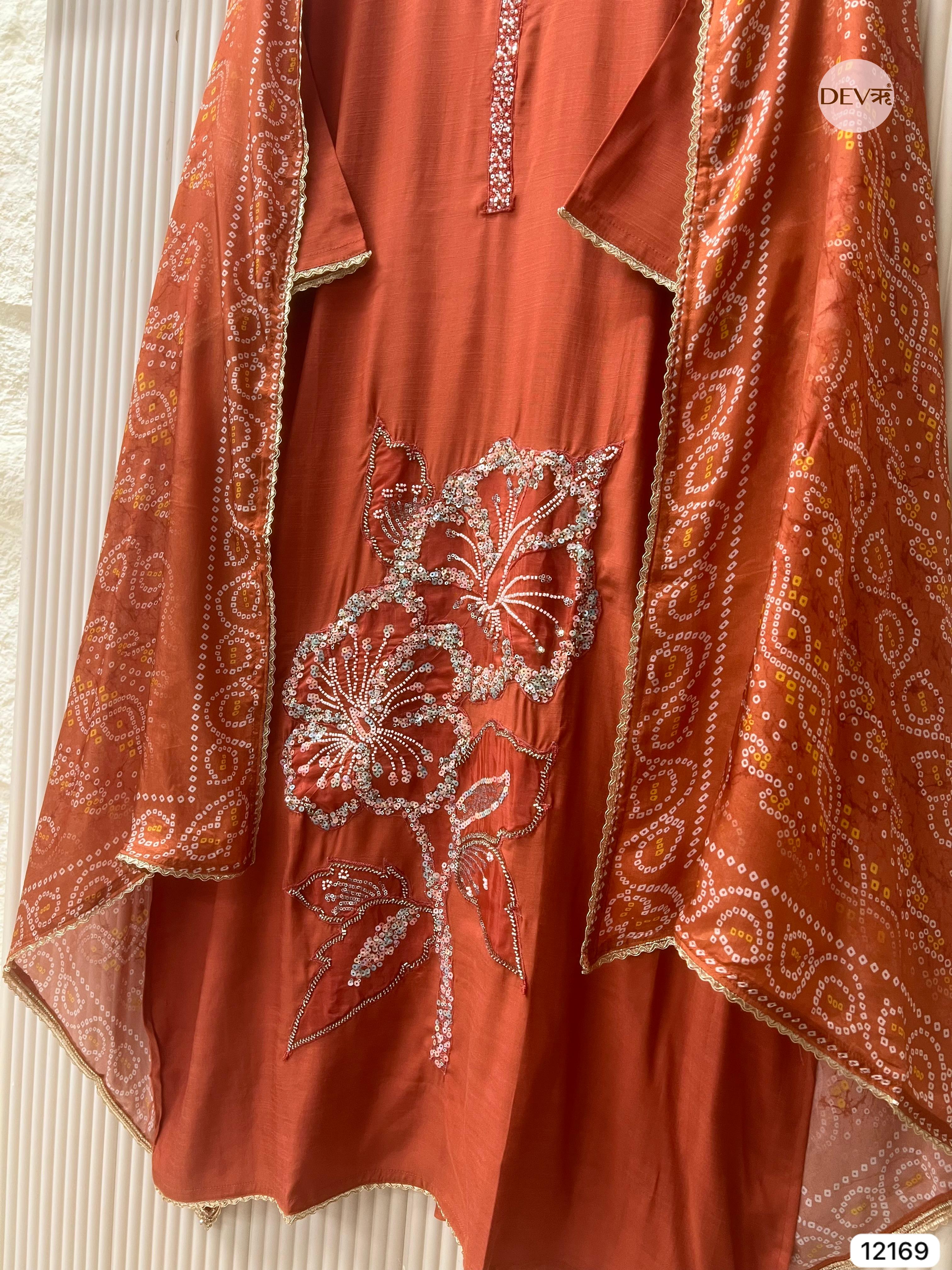 Rust Pure Russian Silk Semi Stitched Hand Embroidered -Set Of 3 - {12169}