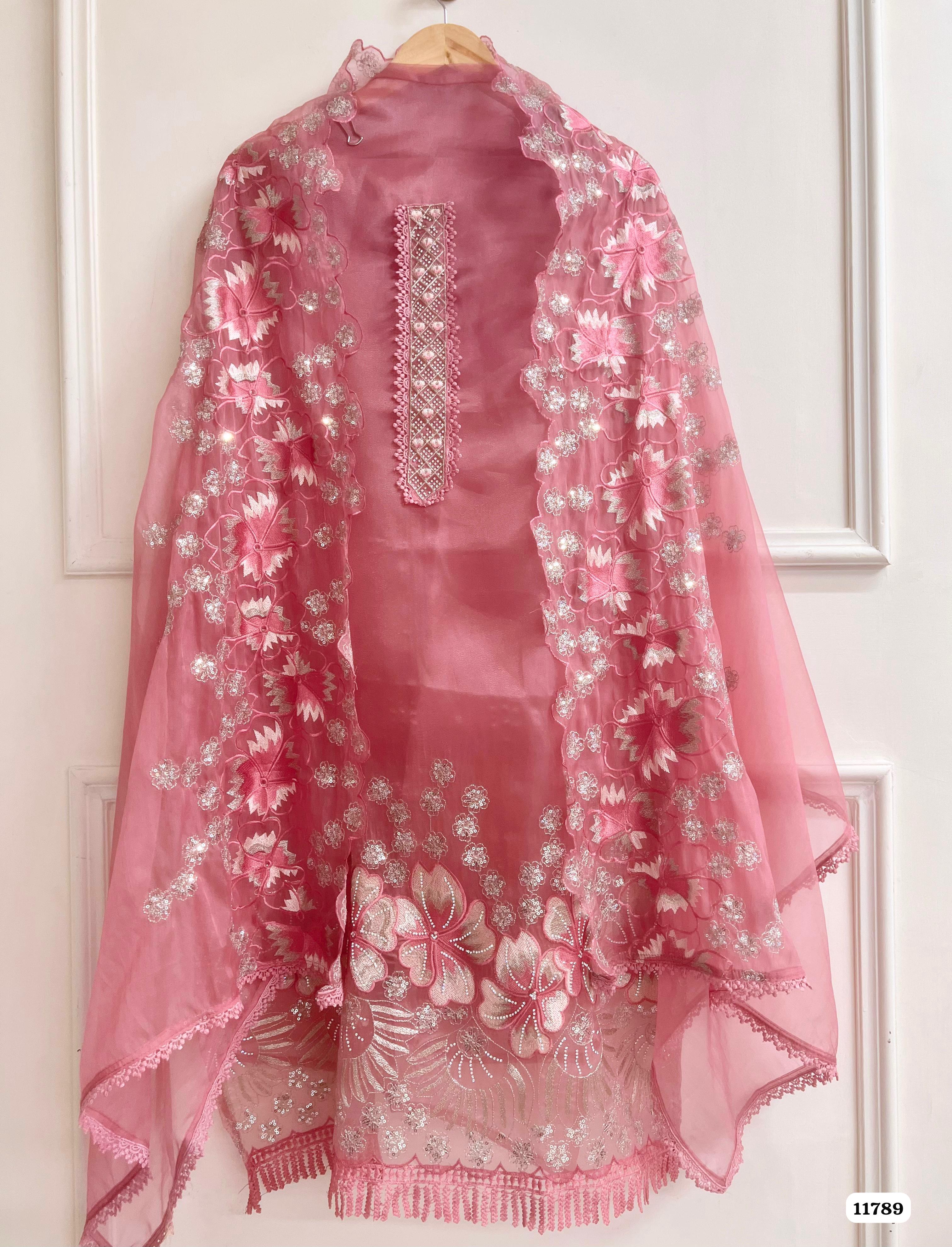 Pink Tissue Silk Unstitched Embroidered -Set Of 3 {11789}