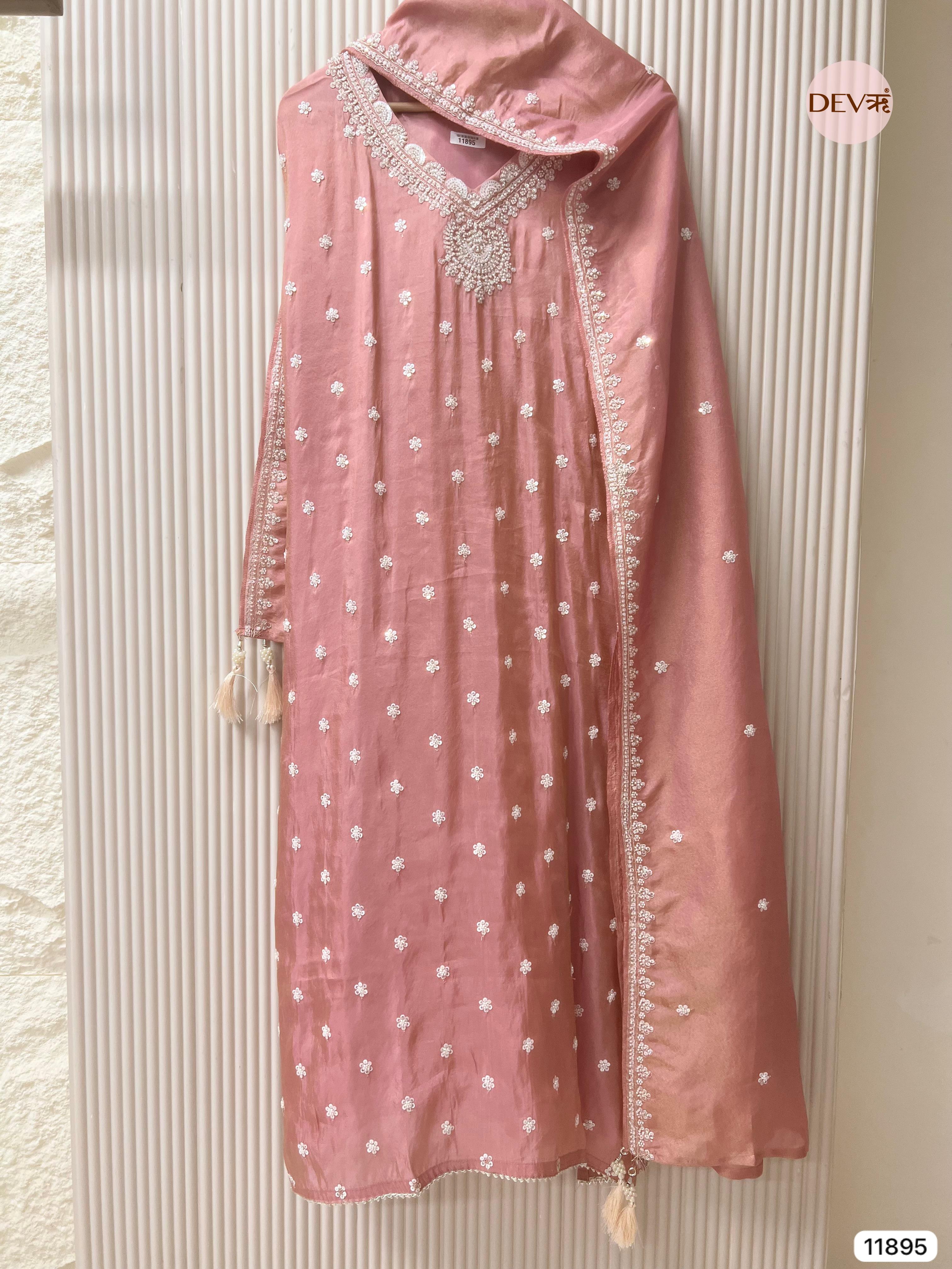 Dusty Pink Shimmer Tissue Silk Unstitched Embroidered -Set Of 3 - {11895}