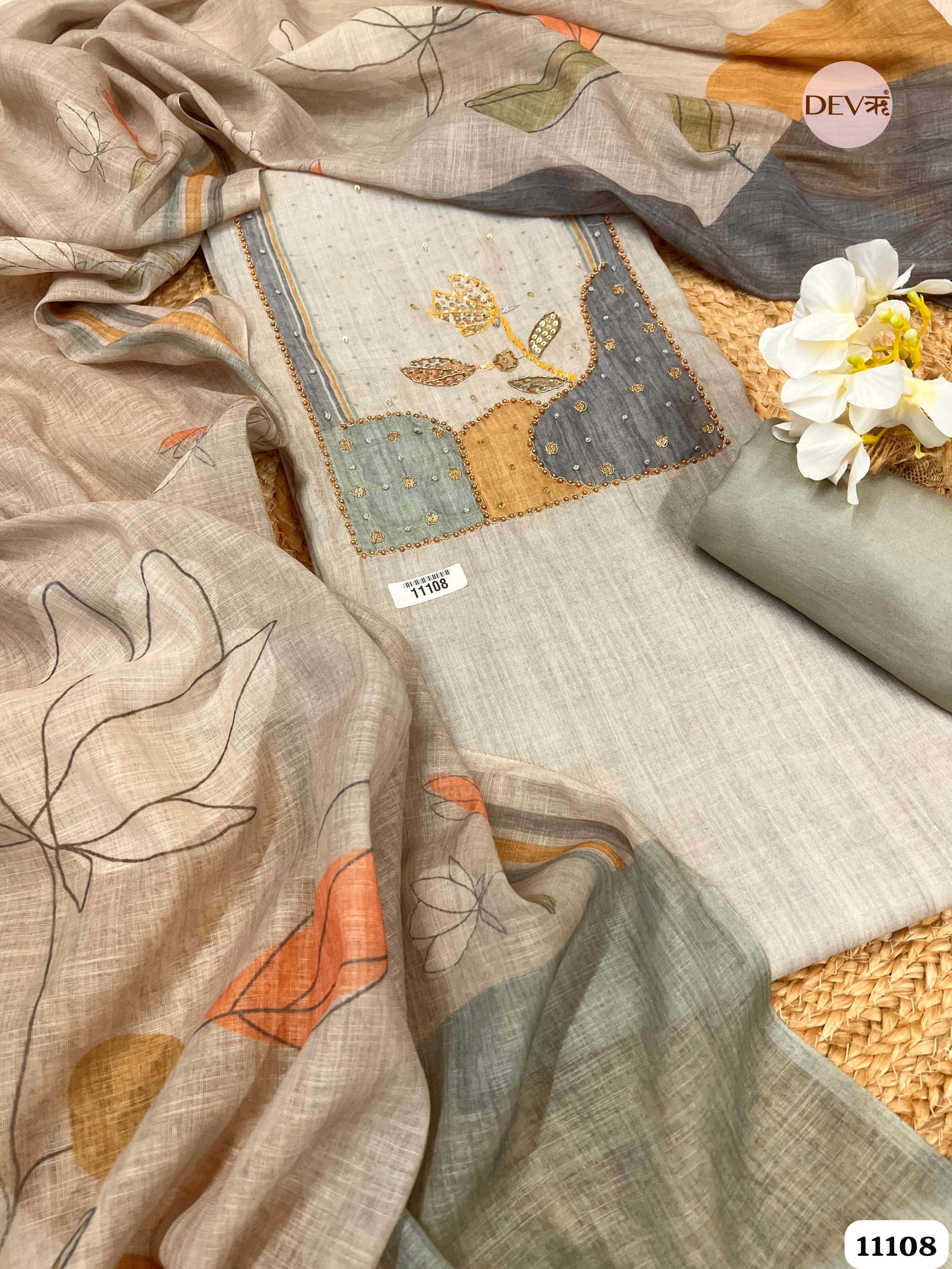 Grey Linen Unstitched Printed Hand Embidered -Set Of 3 {11108}