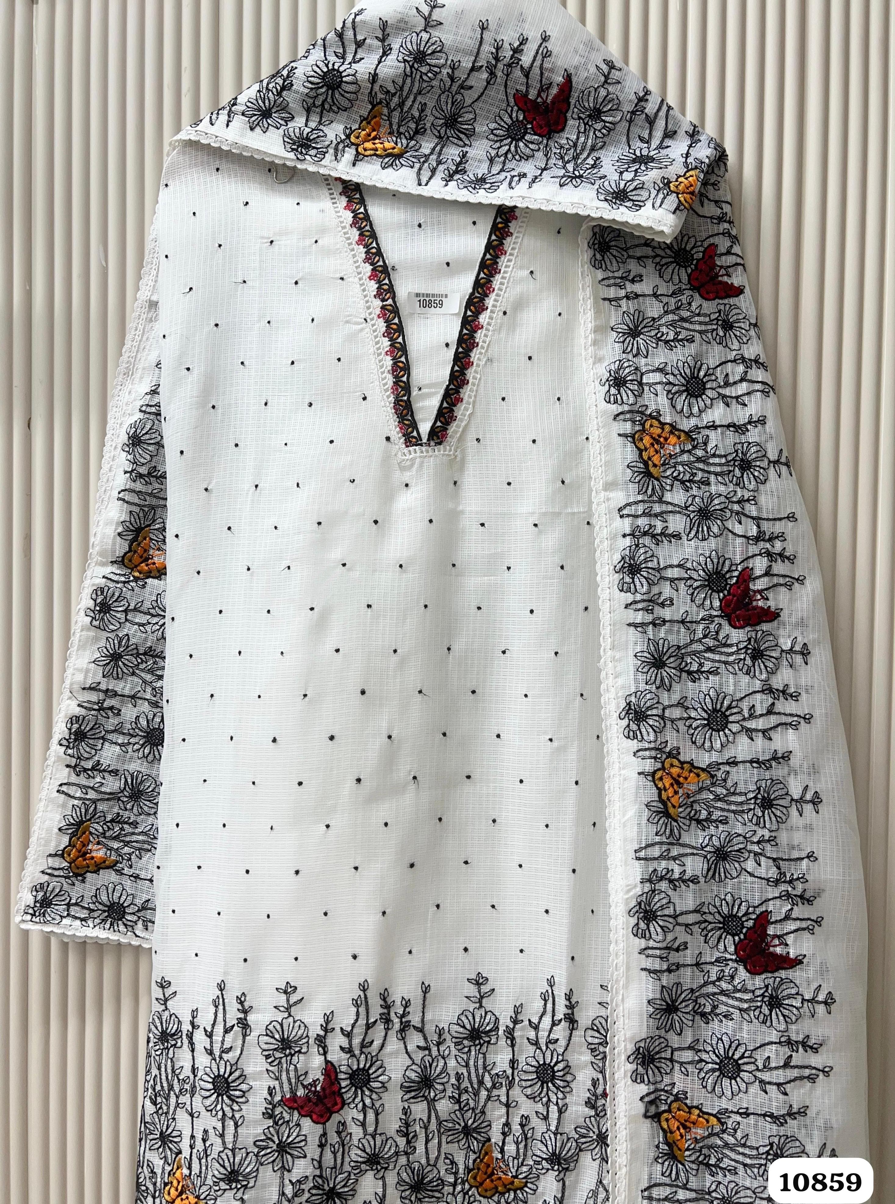 White Cotton Kota Unstitched -Set Of 3 {10859}