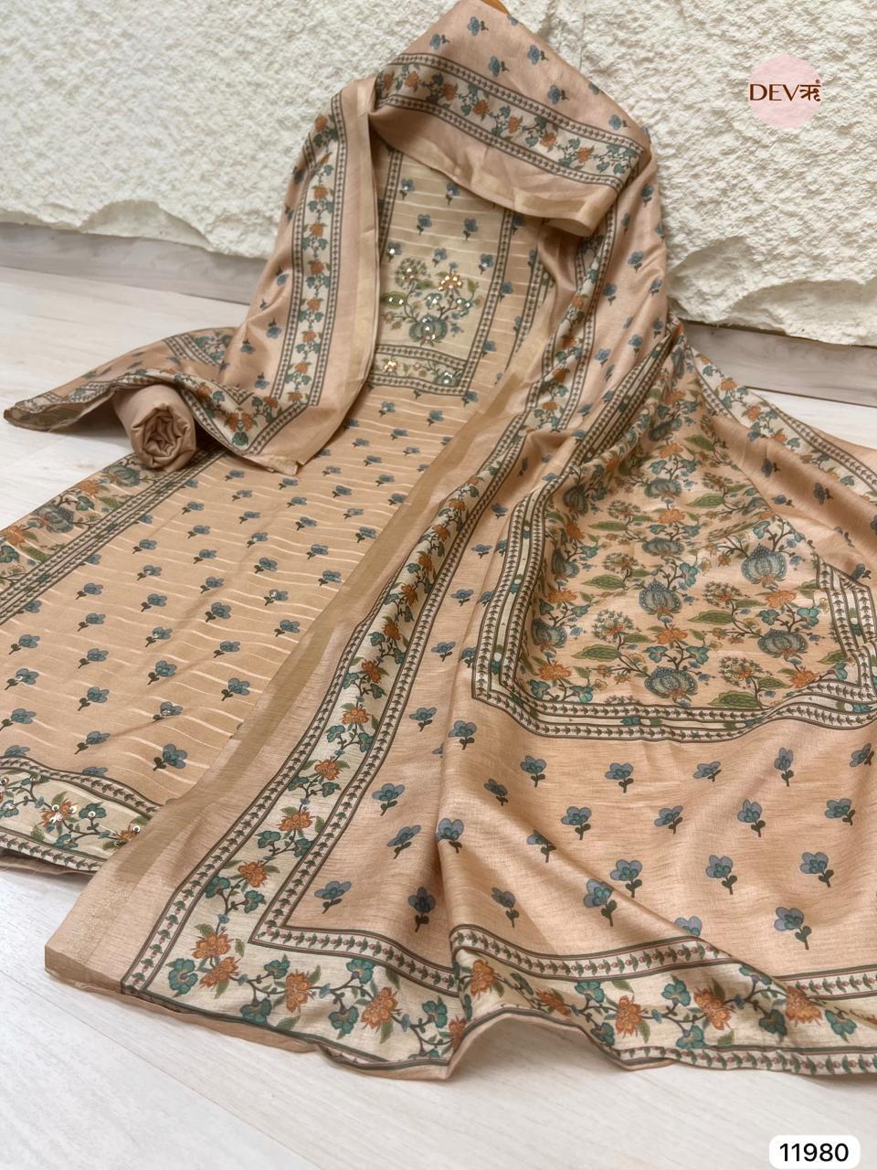 Beige Pure Tusser Silk Printed Unstitched 3-Piece Suit (Devri – D.No 11980)