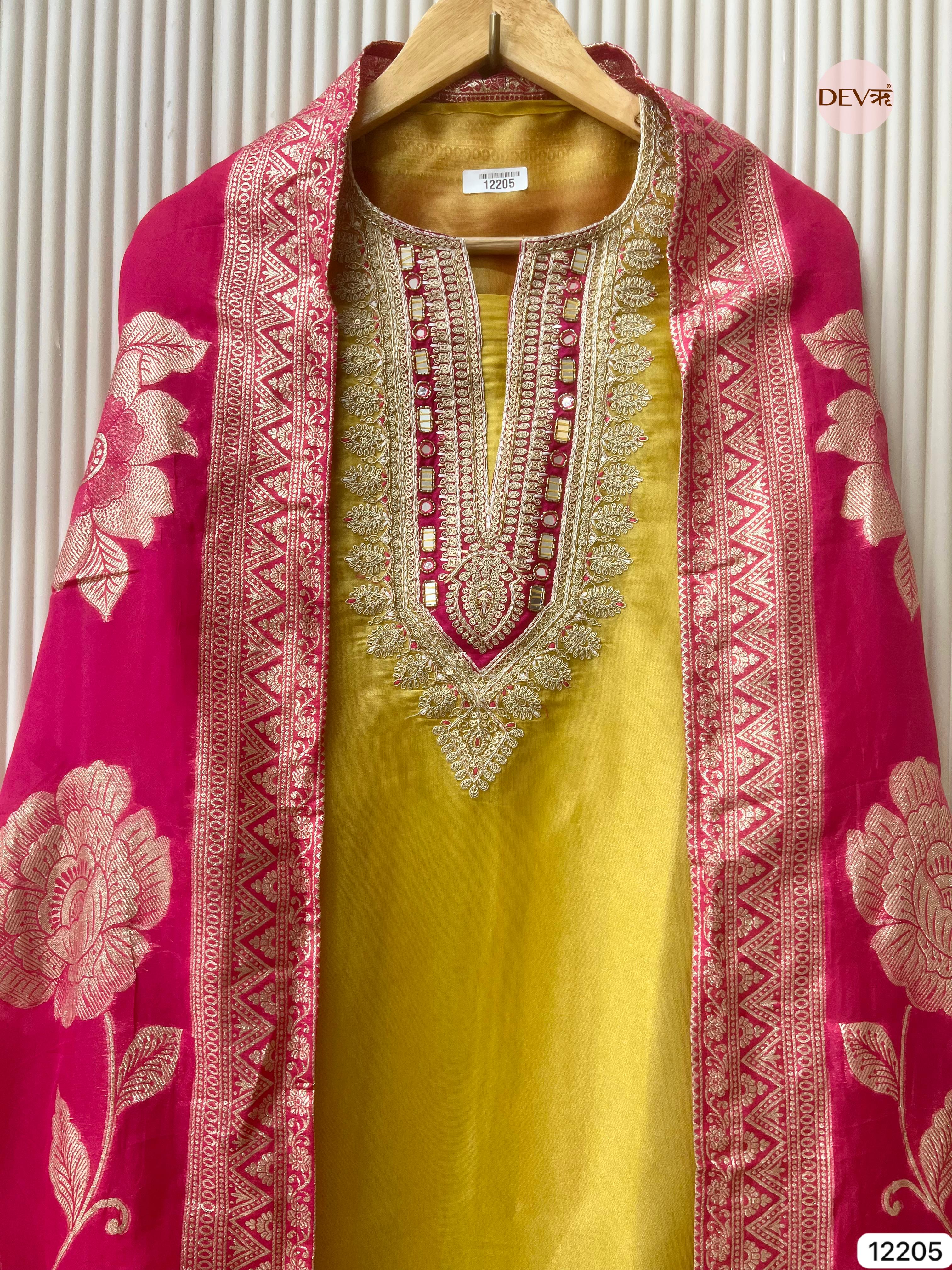 Yellow Shimmer Silk Embroidered Unstitched 3-Piece Suit (Devri – D.No 12205)