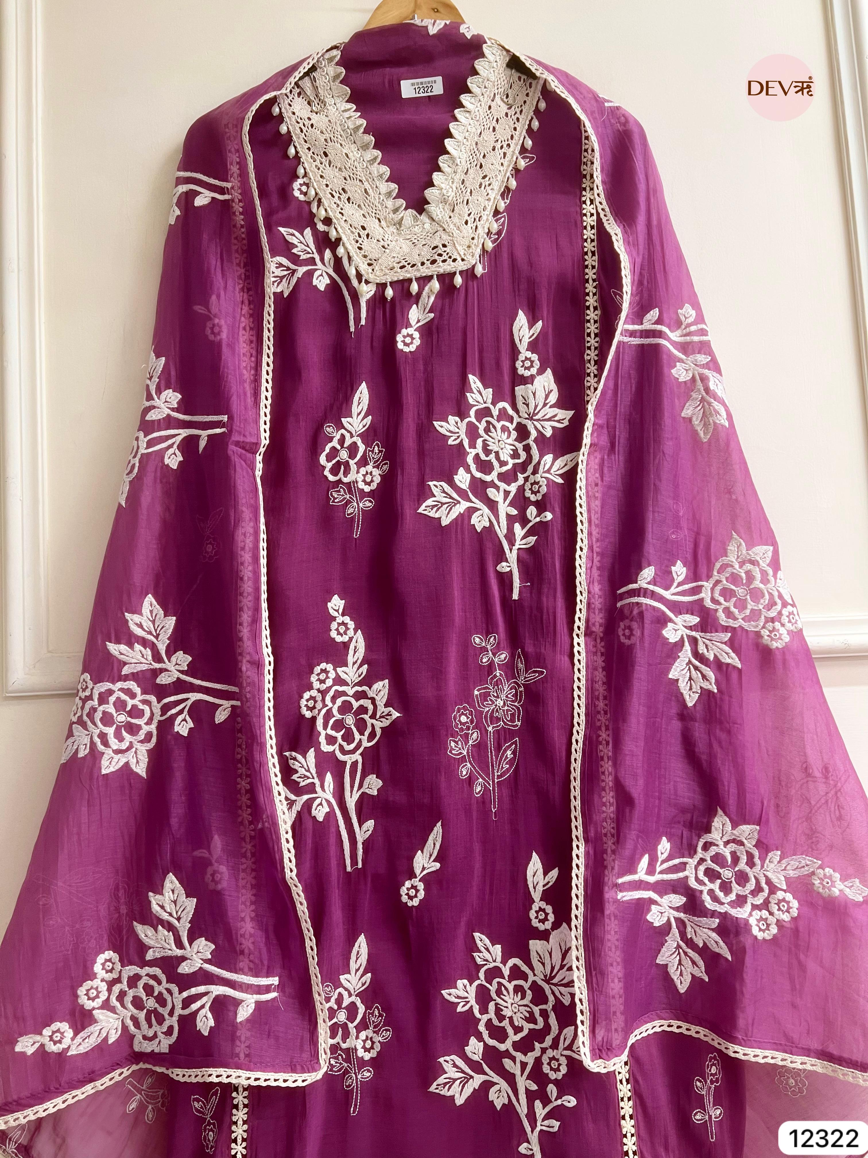 Royal Plum Mul Chanderi Embroidered Unstitched 3-Piece Suit (Devri – D.No 12322)