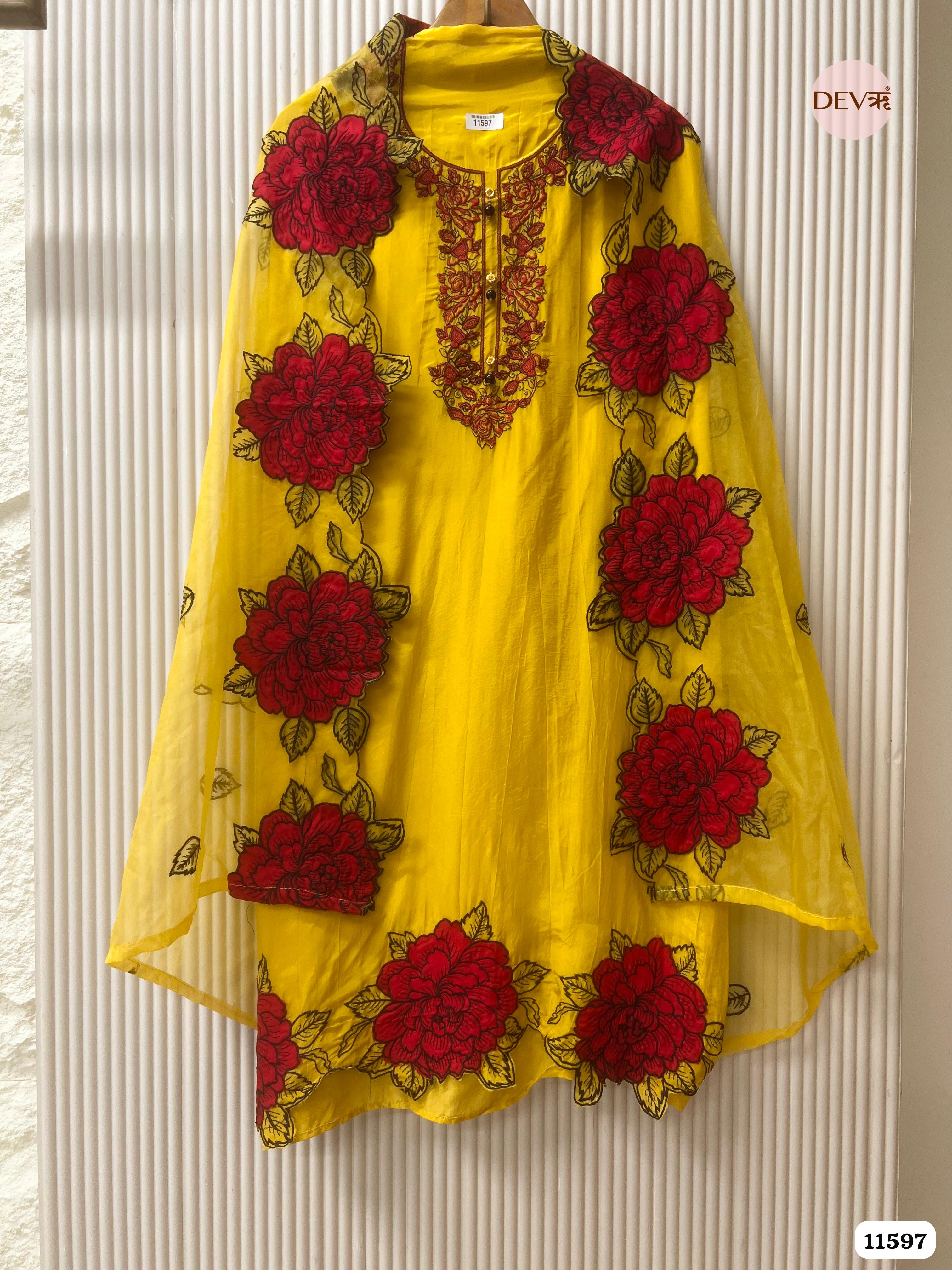 Yellow Organza Unstitched Embroidered -Set Of 3 {11597}