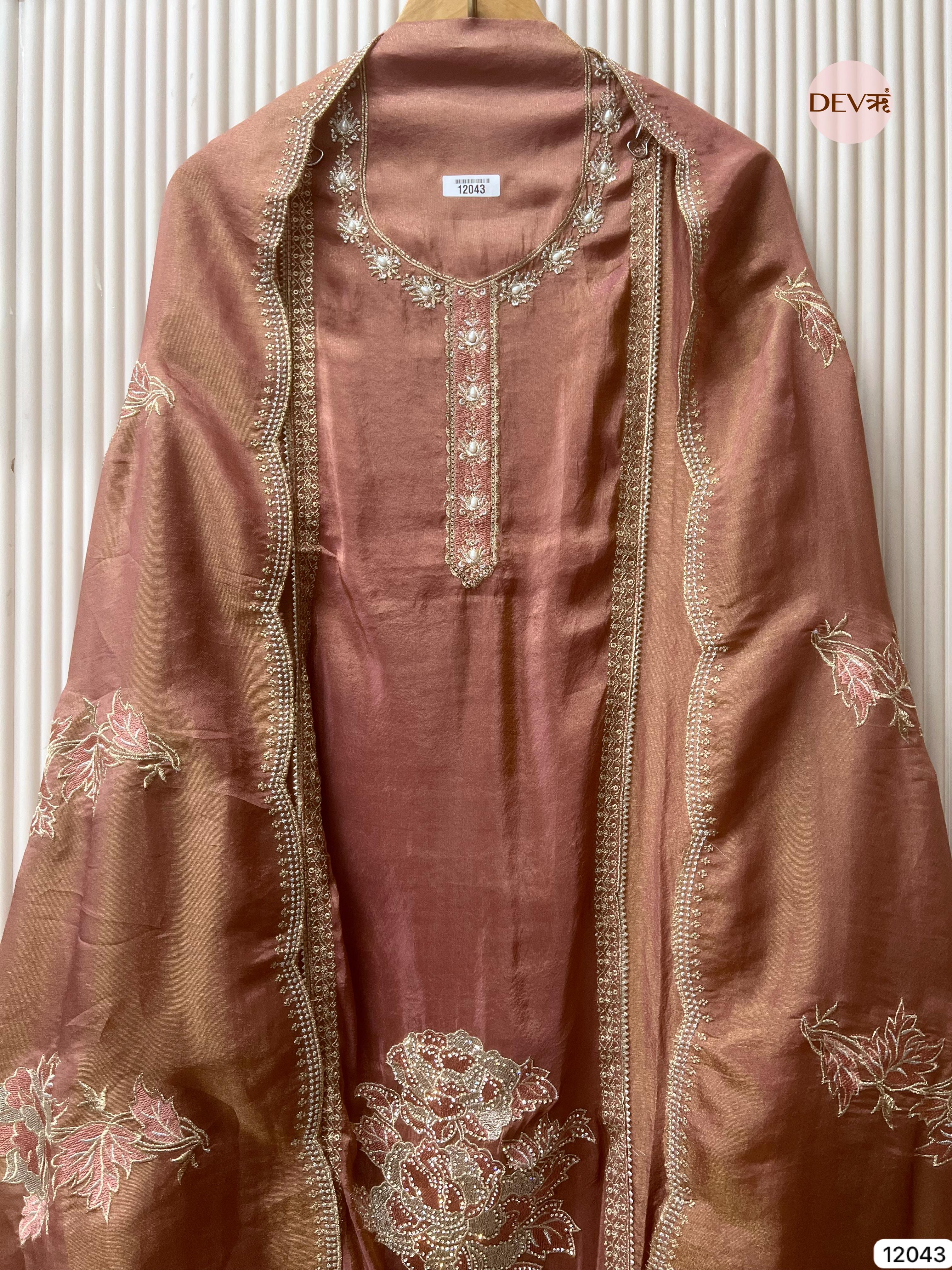 Brown Tissue Shimmer Silk Unstitched Hand Embroidered -Set Of 3 - {12043}