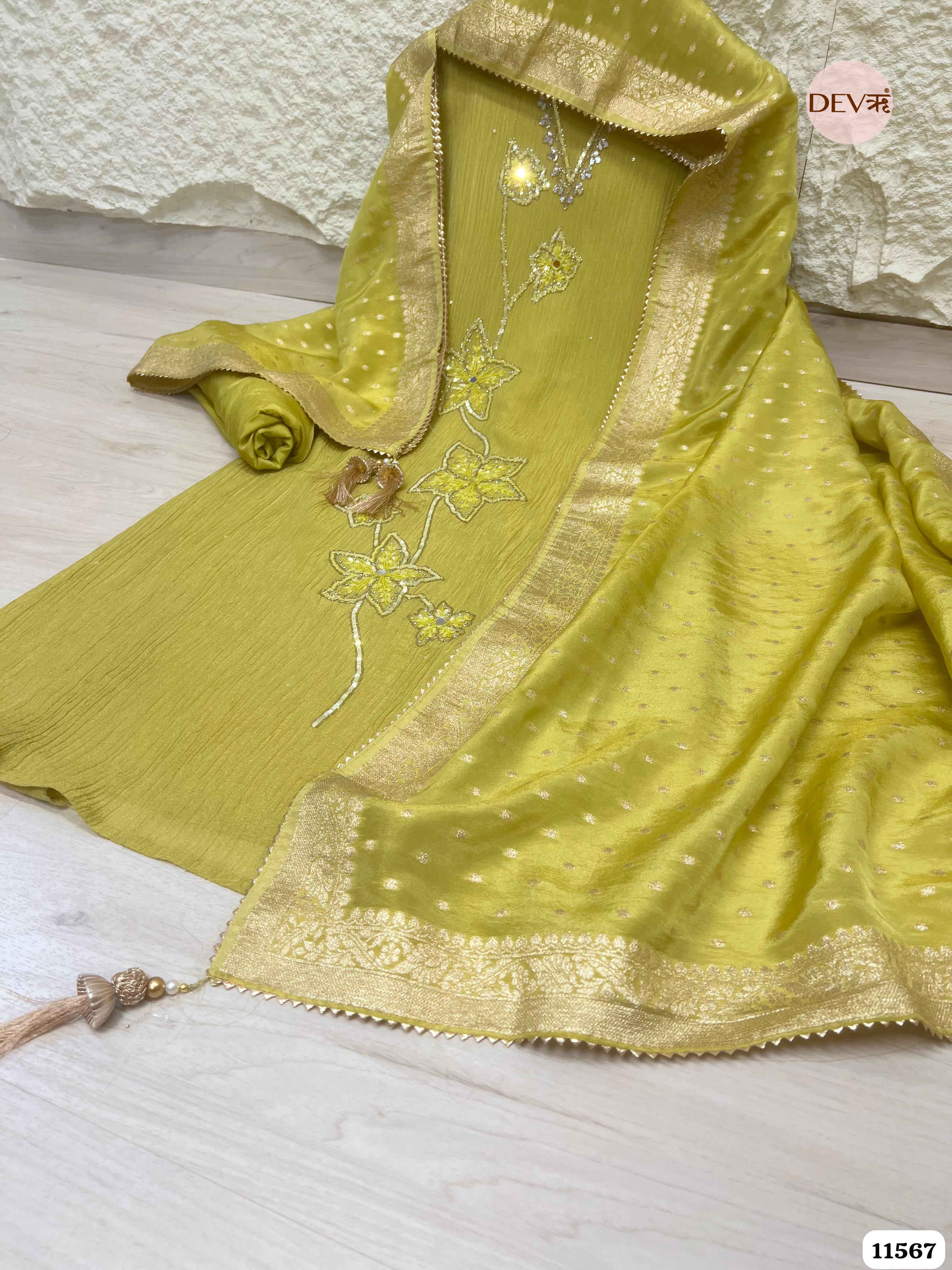 Lime Green Pure Chinon Unstitched Hand Embroidered -Set Of 3 {11567}