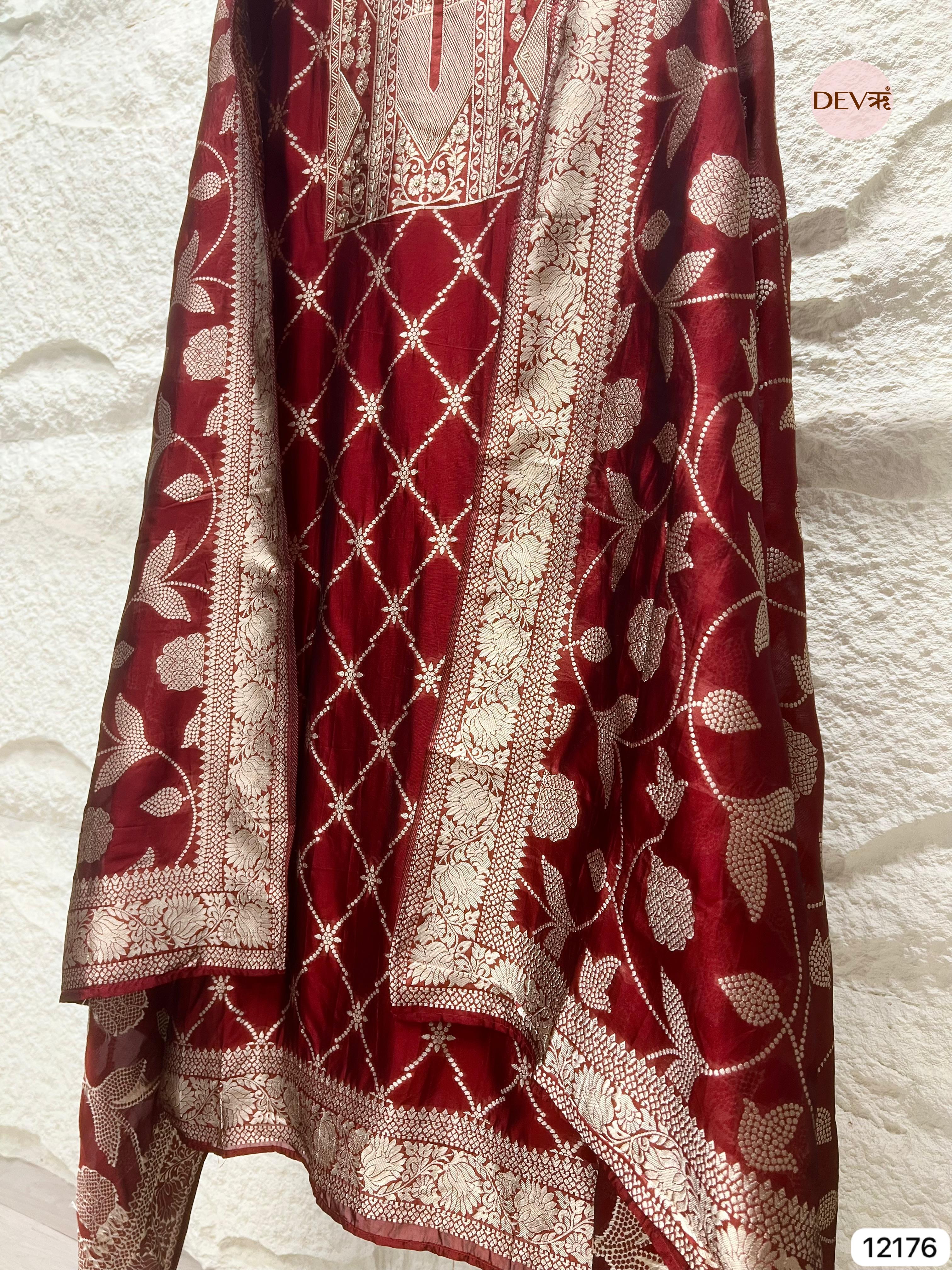 Red Pure Banarasi Silk Unstitched Hand Embroidered-Set of 3- {12176}