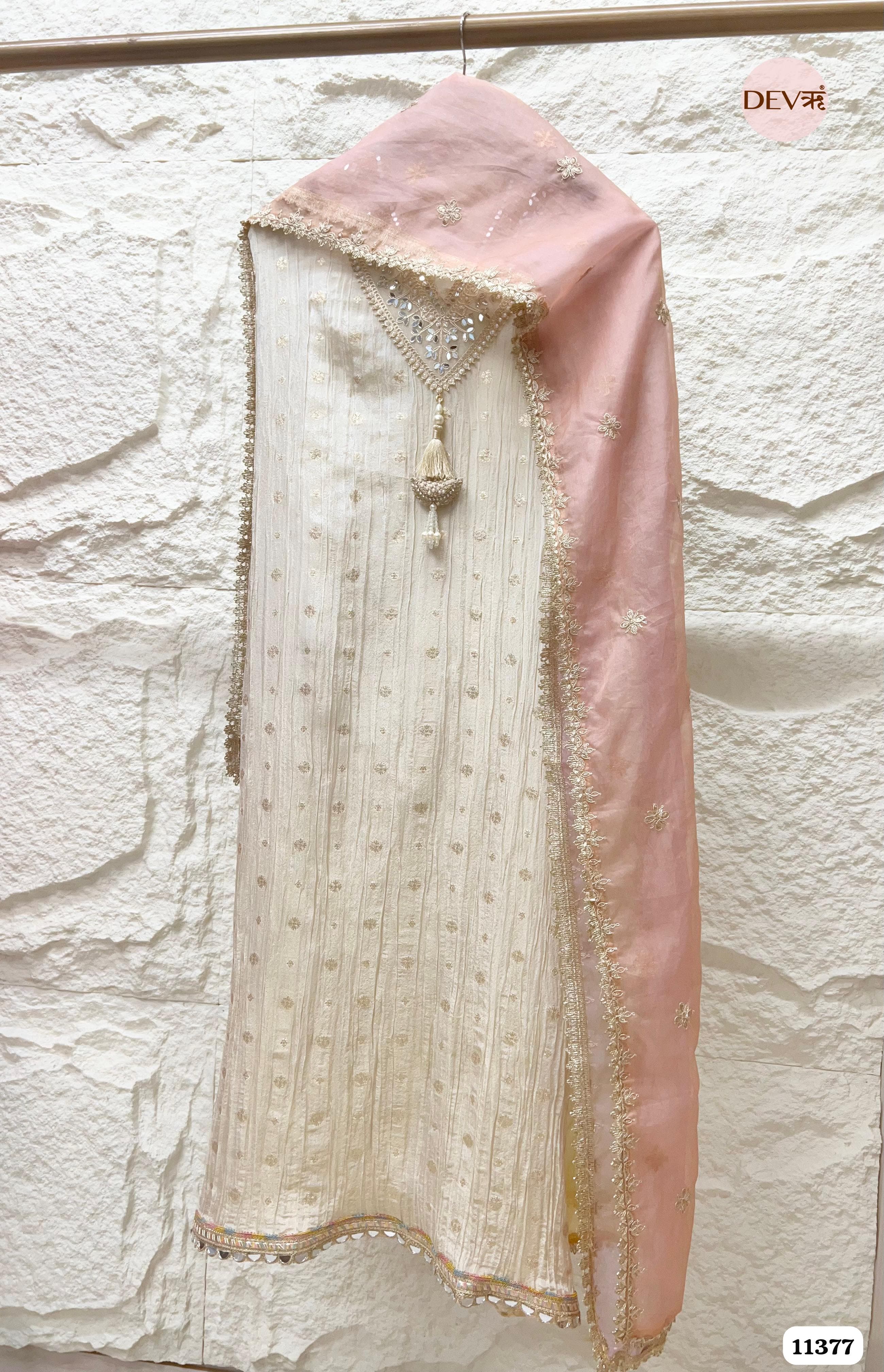 Off White Tissue Silk Unstitched Woven Hand Embroidered -Set Of 3 {11377}