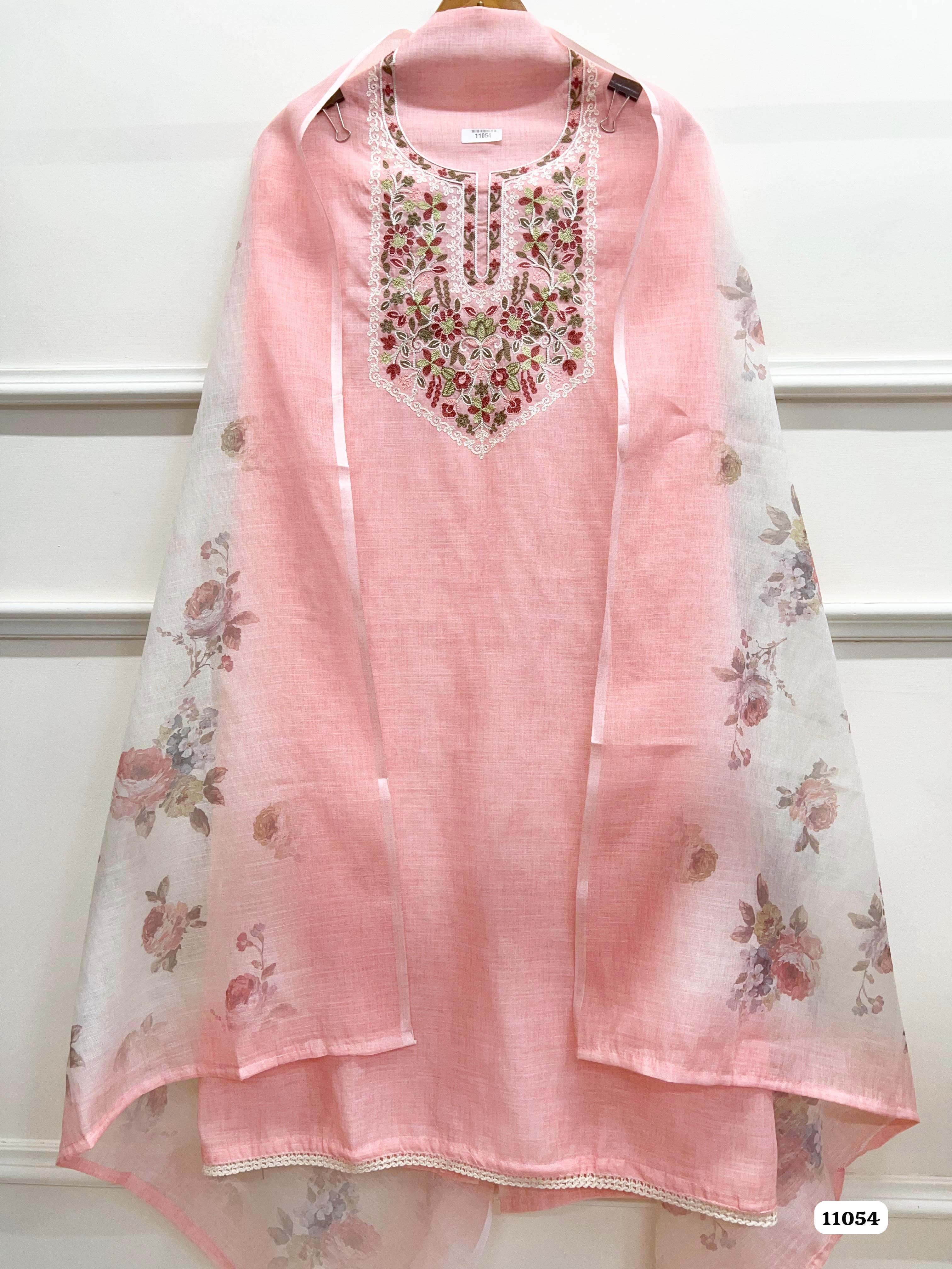 Pink Khadi Cotton Unstitched Embroidered -Set Of 3 {11054}