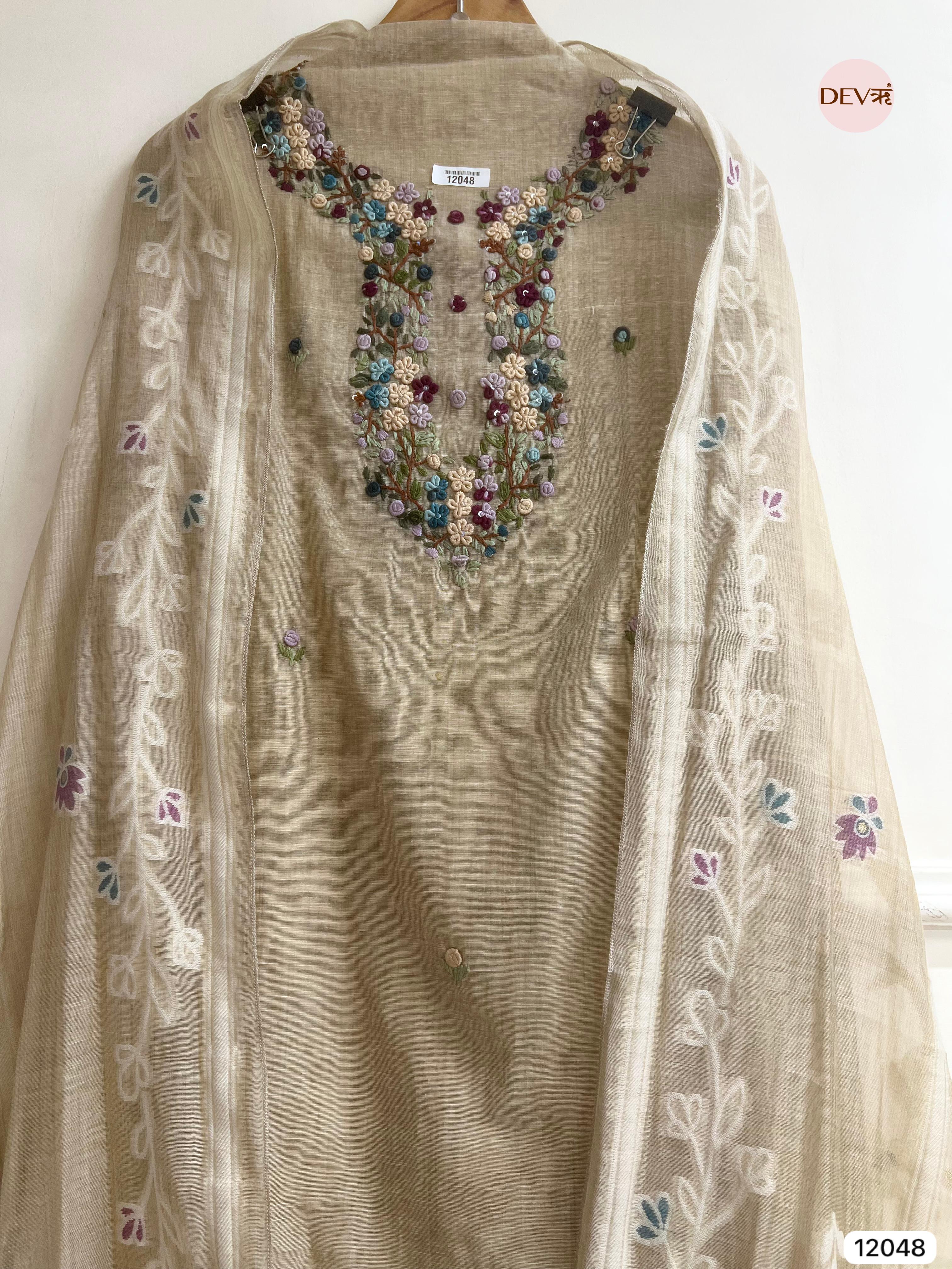 Off White Pure Khadi Silk Unstitched Embroidered -Set Of 3 - {12048}