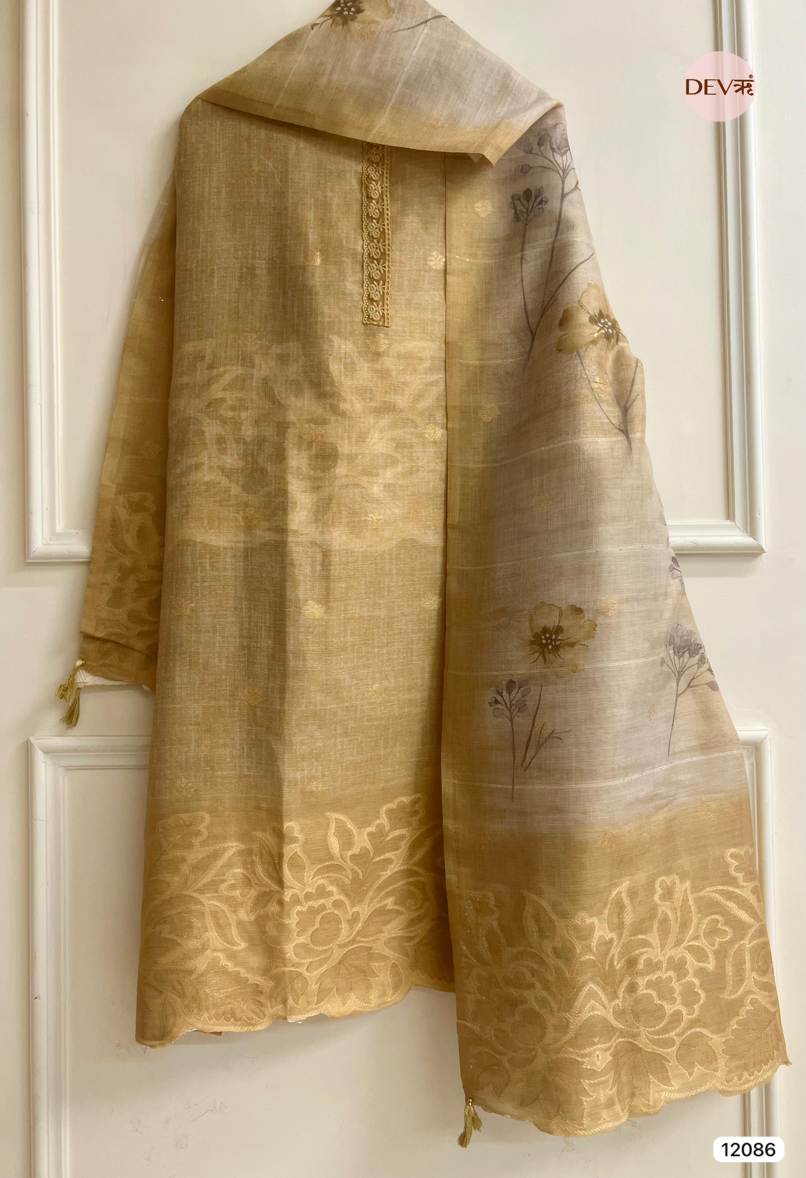 Golden Pure Raw Unstitched Silk Thread Woven Embroidered -Set Of 3 - {12086}