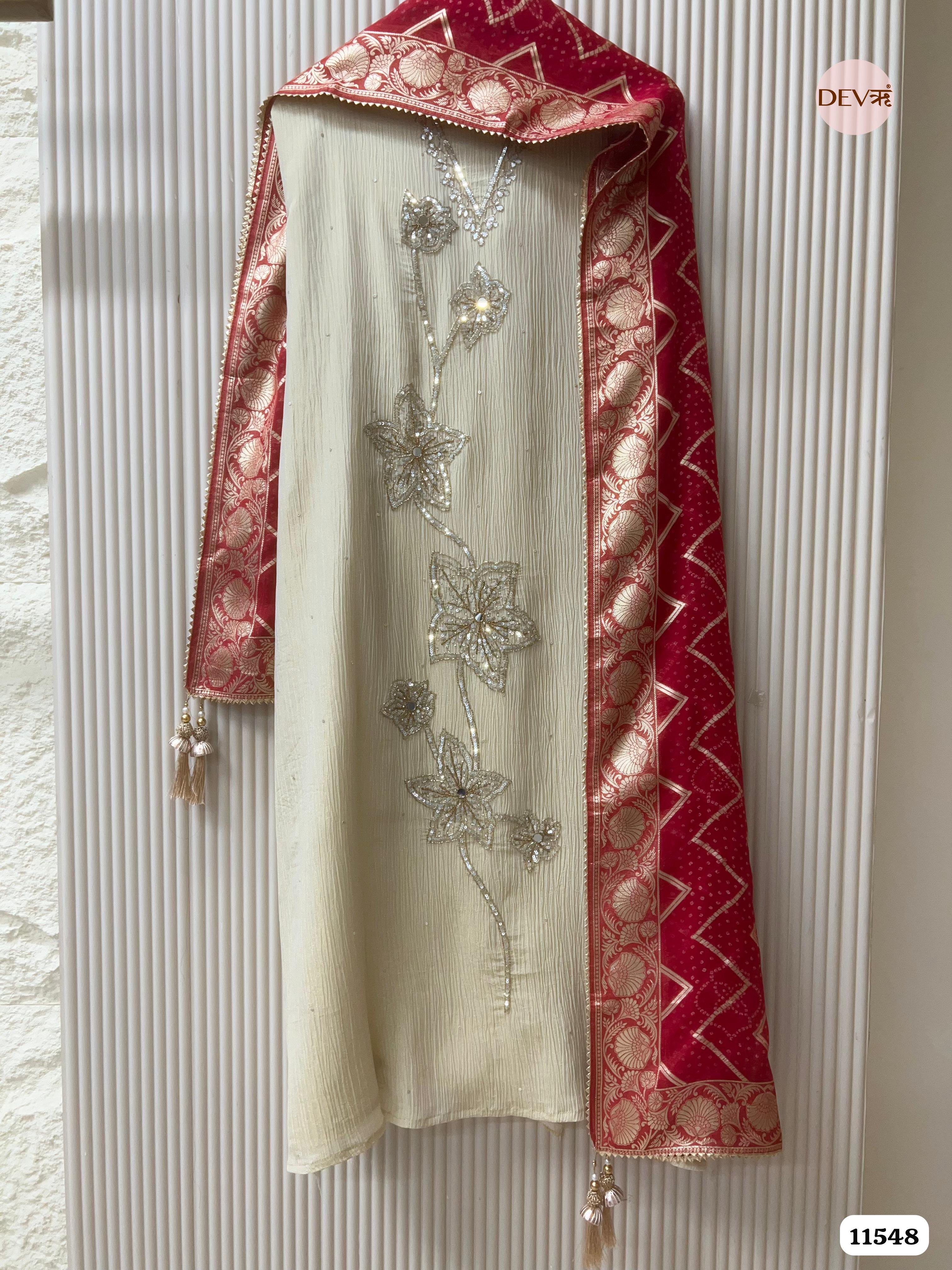 Creamy Pure Chino Unstitched Hand Embroidered -Set Of 3 {11548}