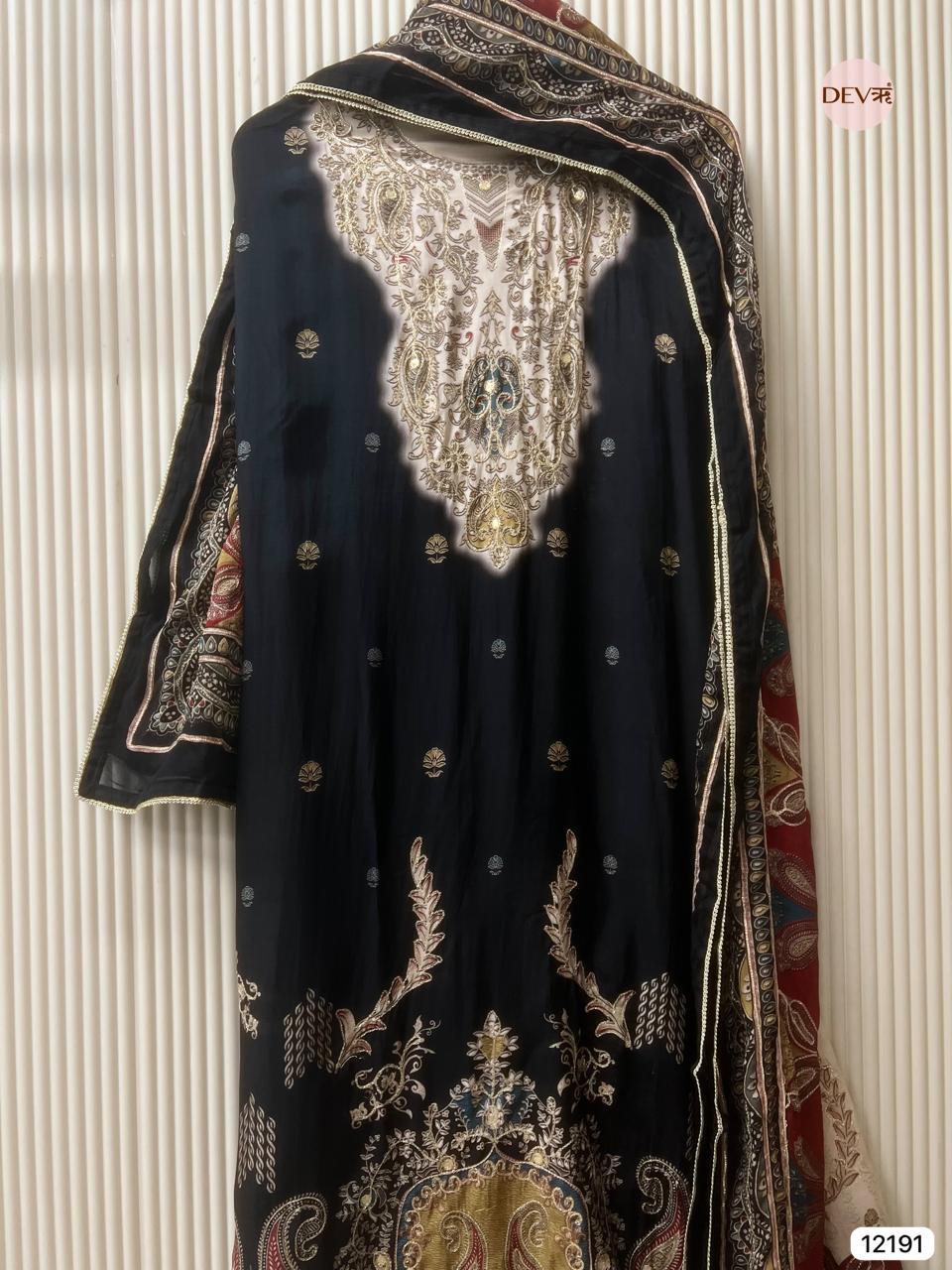 Black Muslin Embroidered Unstitched 3-Piece Suit (Devri – D.No 12191)