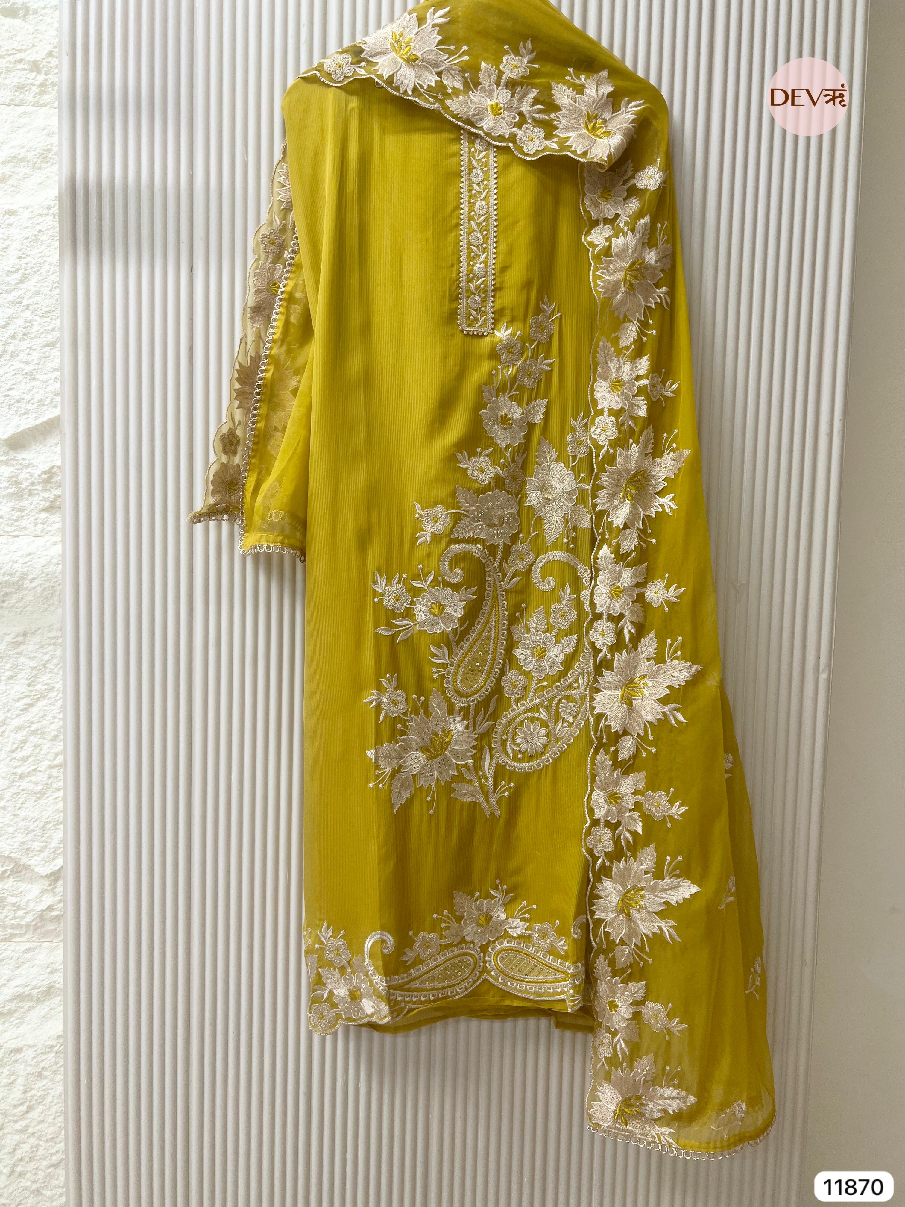 Yellow Tissue Silk Unstitched Embroidered -Set Of 3- {11870}