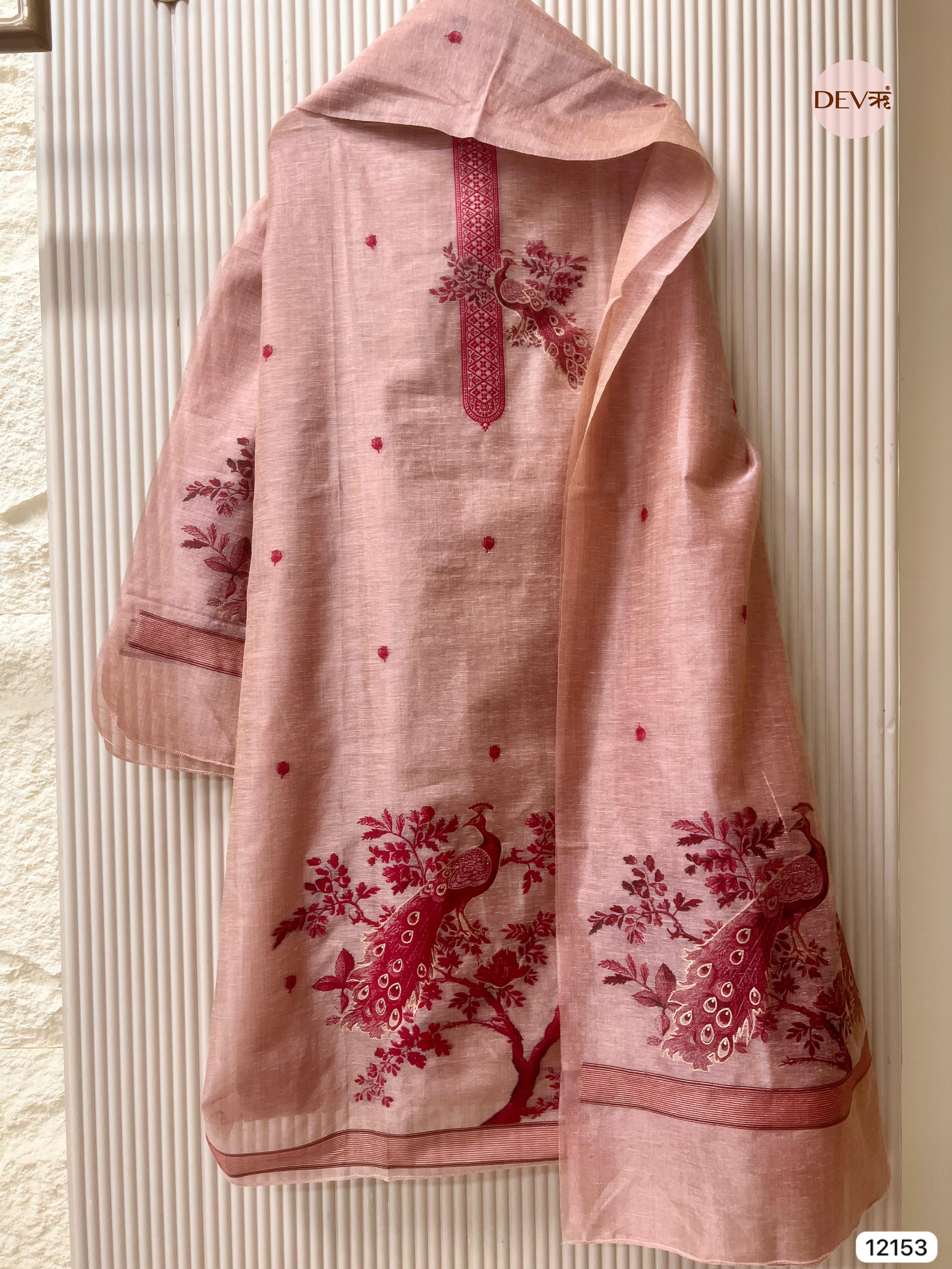 {12153} Peach Pure Jamdani Linen Unstitched - Set Of 3