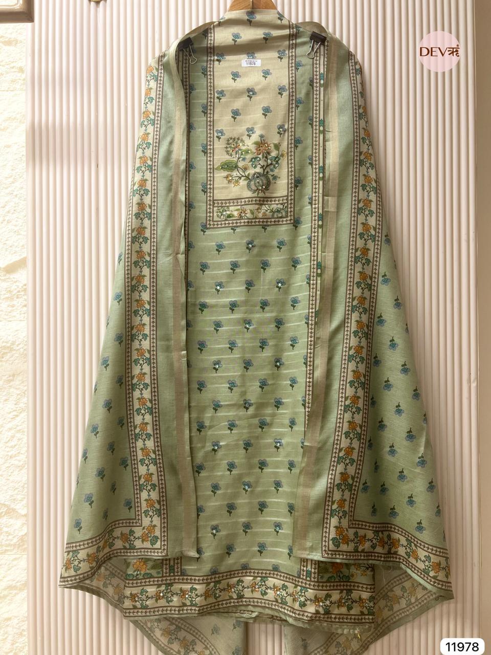 Sage Green Tusser Silk Hand-Embroidered Unstitched 3-Piece Suit (Devri – D.No 11978)