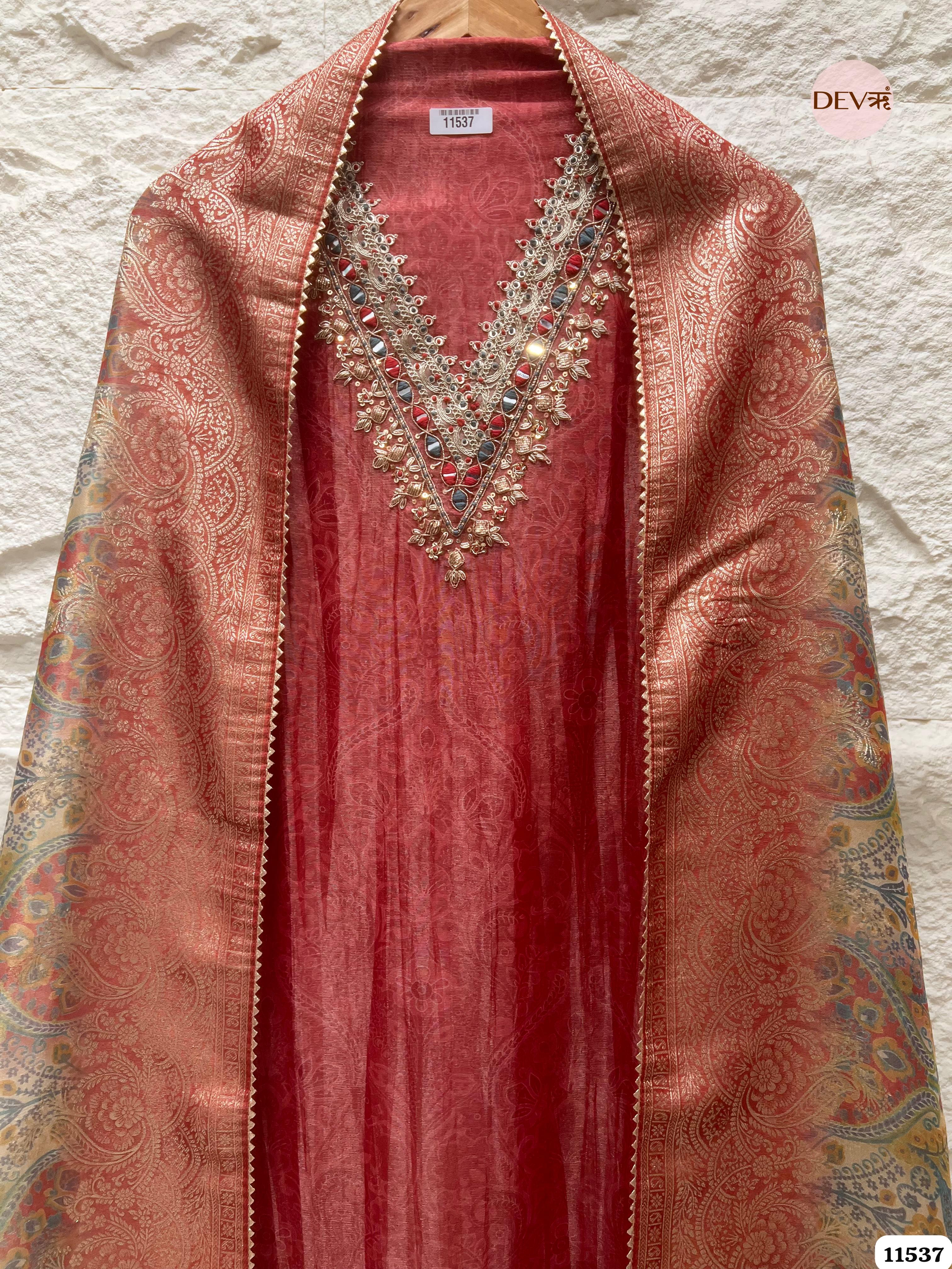 Red Pure Tissue Silk Unstitched Printed Hand Embroidered -Set Of 3 {11537}