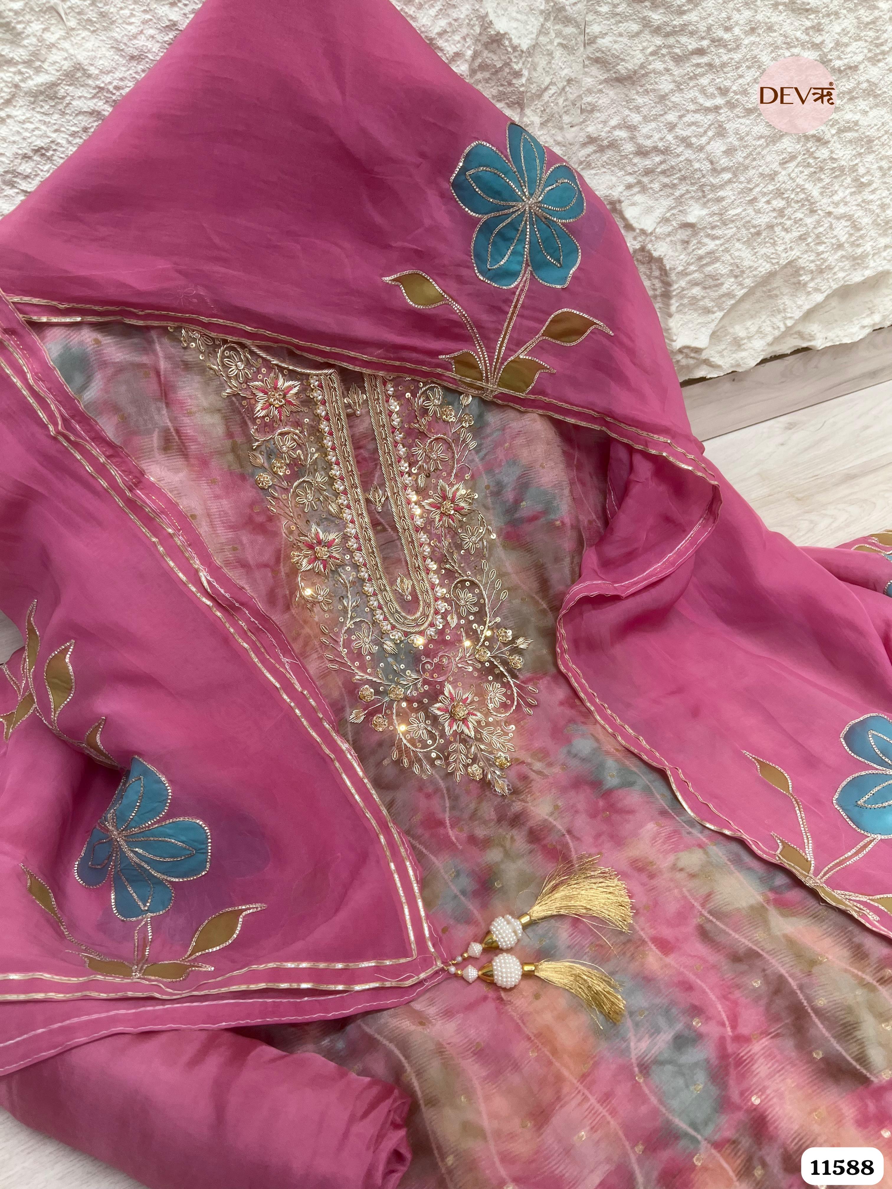 Pink Pure Organza Silk Printed Unstitched Hand Embroidered -Set Of 3 {11588}