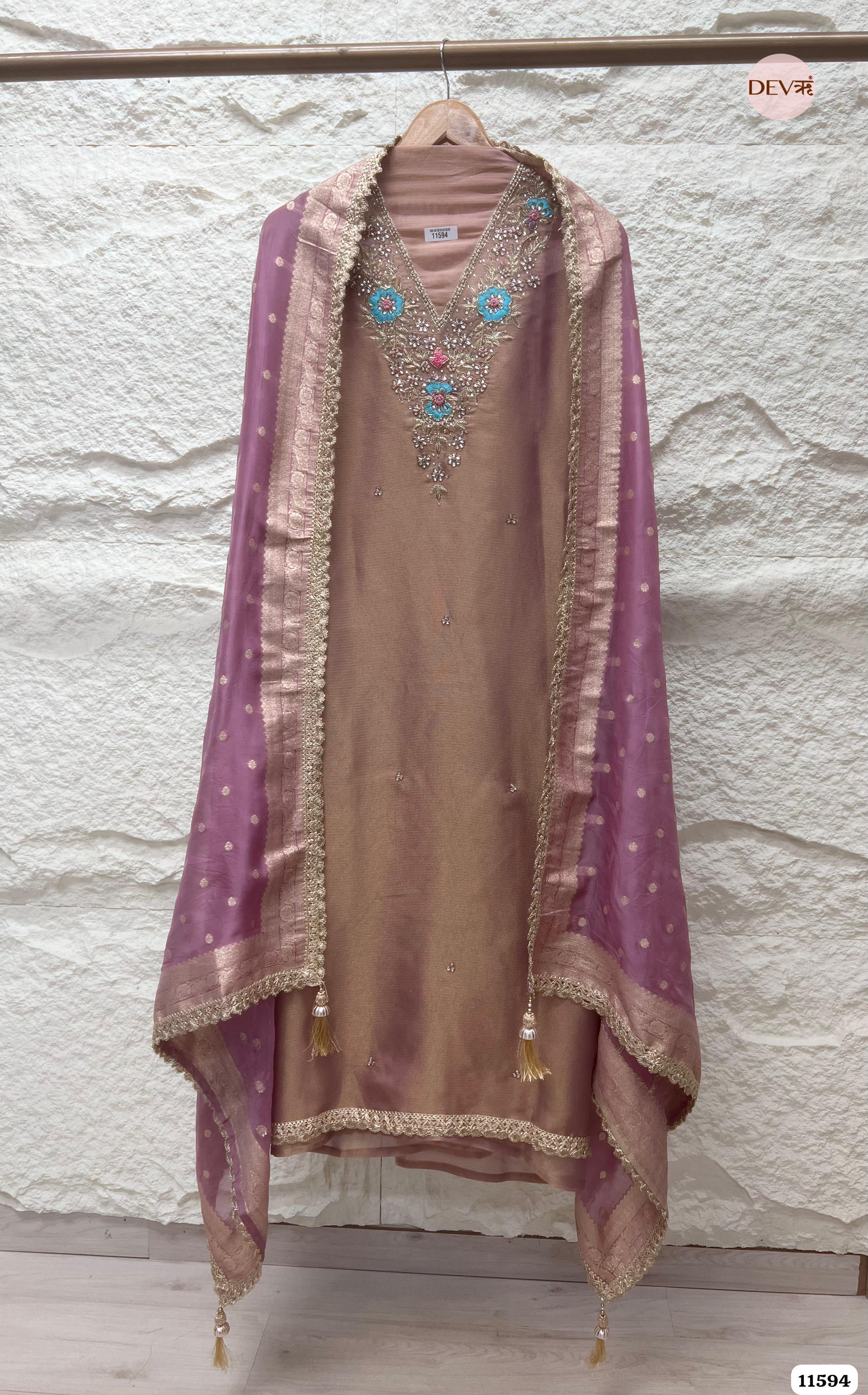 Light Brown Pure Tissue Silk Unstitched Hand Embroidered -Set Of 3 {11594}