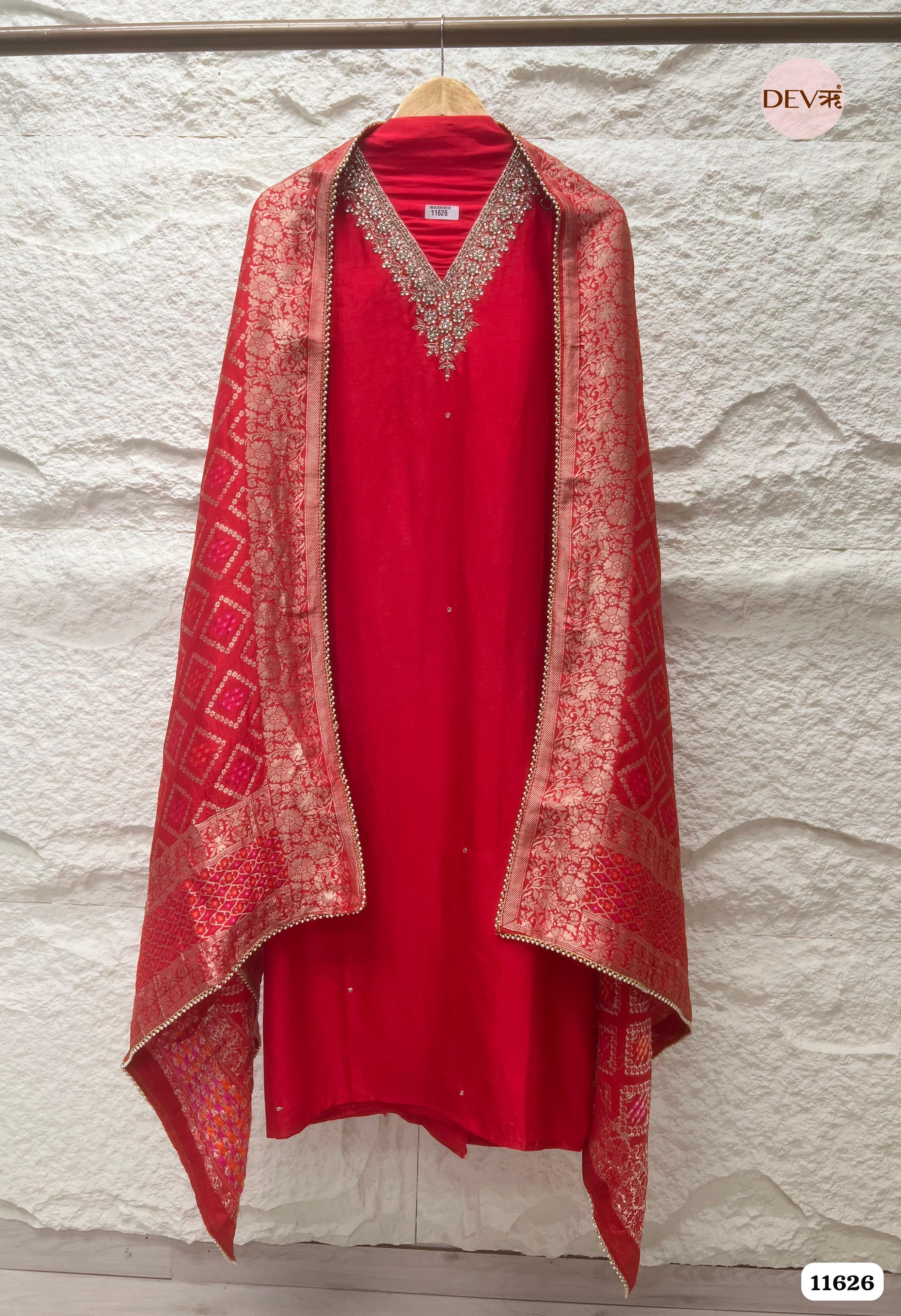 Red Pure Russian Silk Unstitched Hand Embroidered -Set Of 3 {11626}