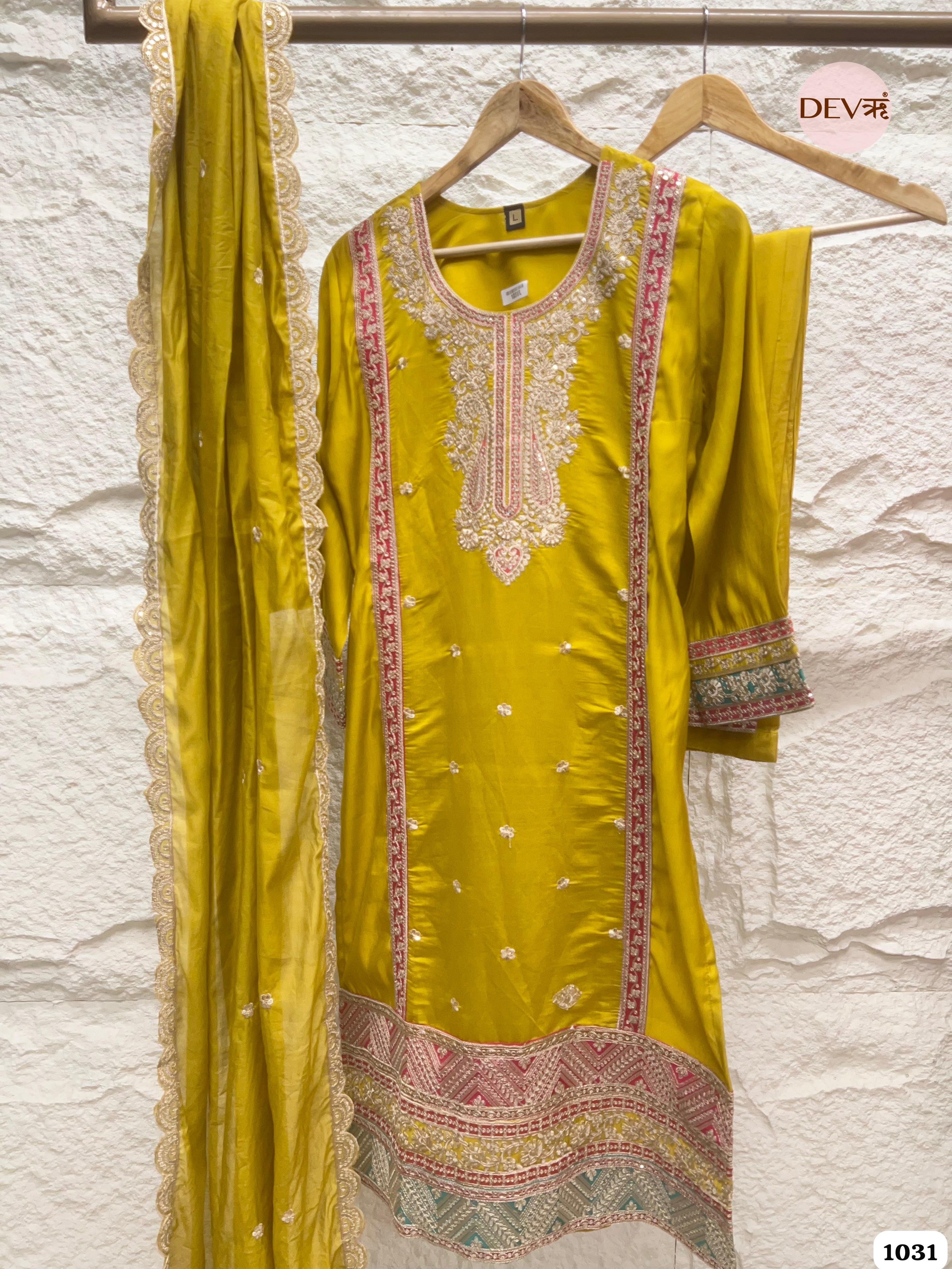 Yellow Silk Stiched Embroidered -Set Of 3 {1031}