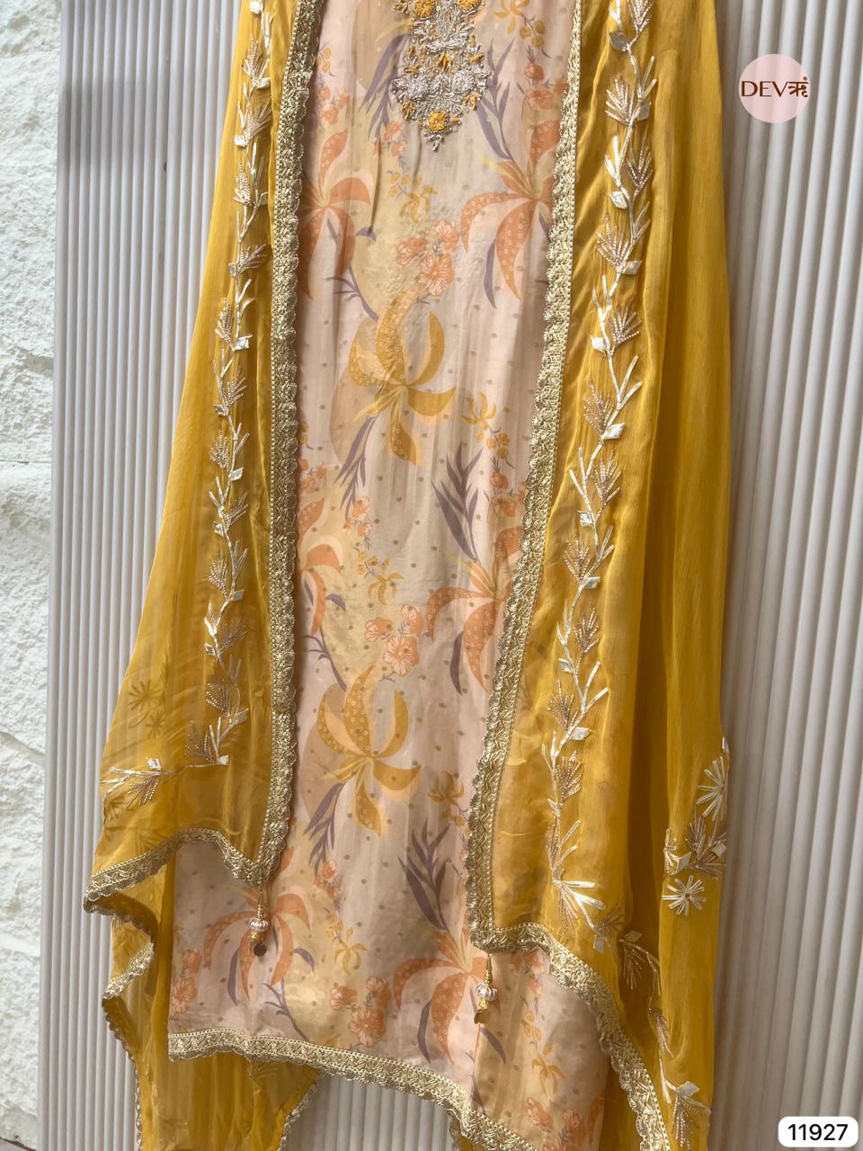 Mustard Yellow Glass Tissue Silk Unstitched Printed Hand Embroidered -Set Of 3 - {11927}