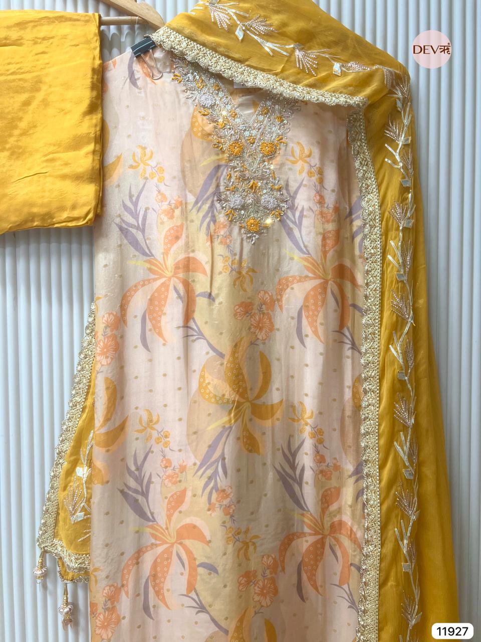 Mustard Yellow Glass Tissue Silk Unstitched Printed Hand Embroidered -Set Of 3 - {11927}