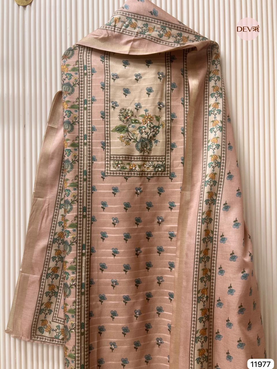 Blush Pure Tusser Silk Printed Unstitched 3-Piece Suit (Devri – D.No 11977)