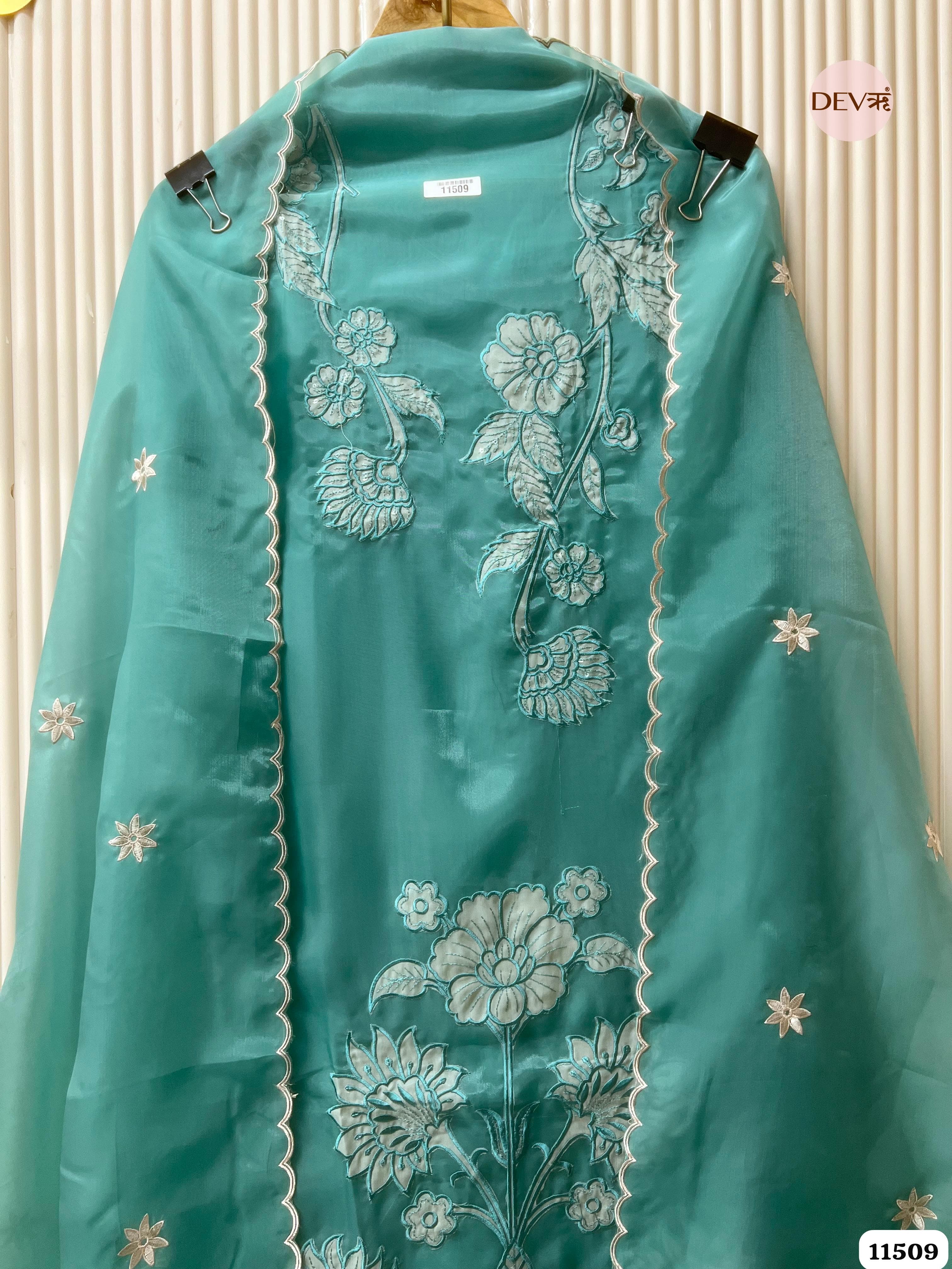 Green Organza silk Unstitched Embroidered -Set Of 3 {11509}