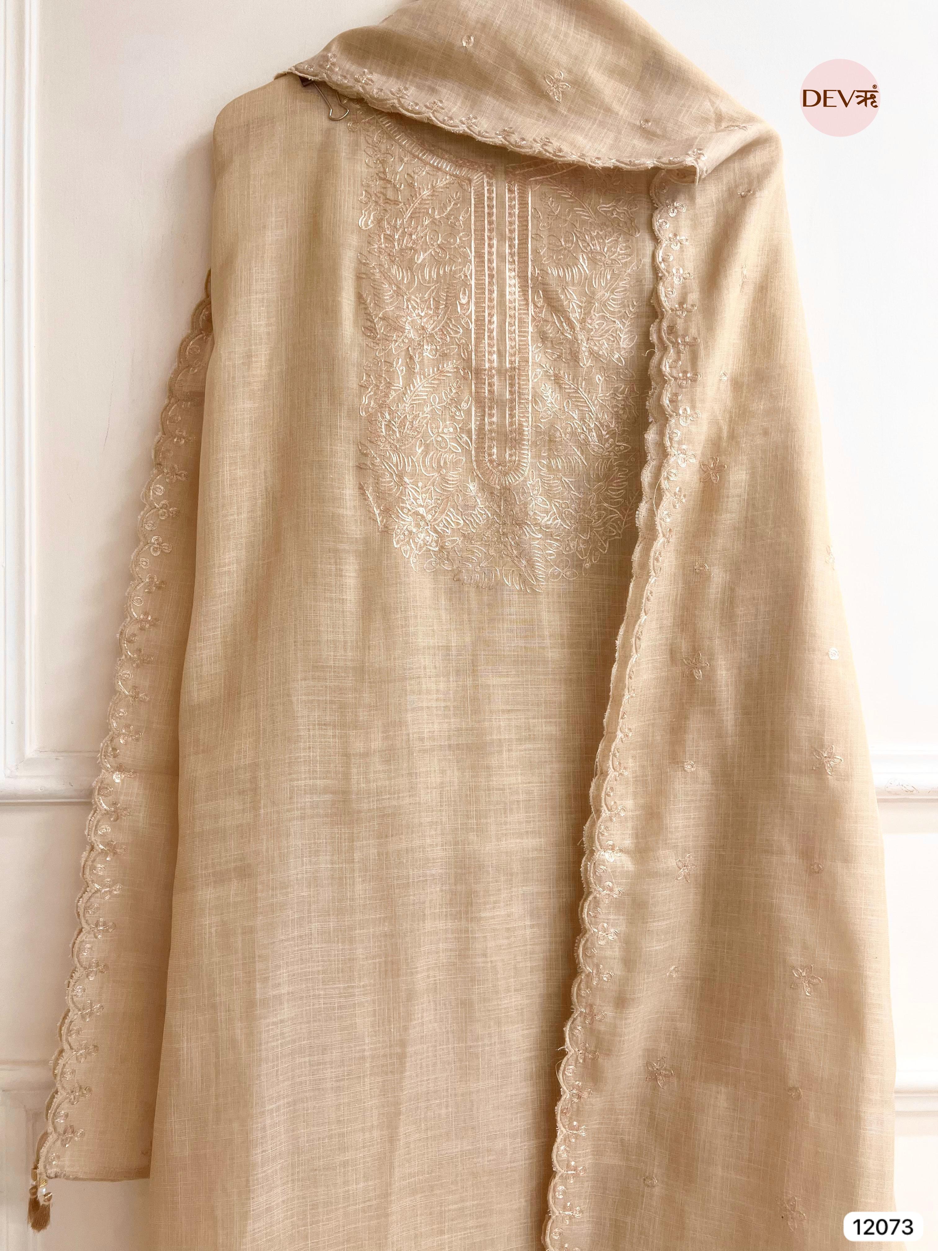 Beige Pure Linen Unstitched Zardosi Embroidered -Set Of 3 - {12073}