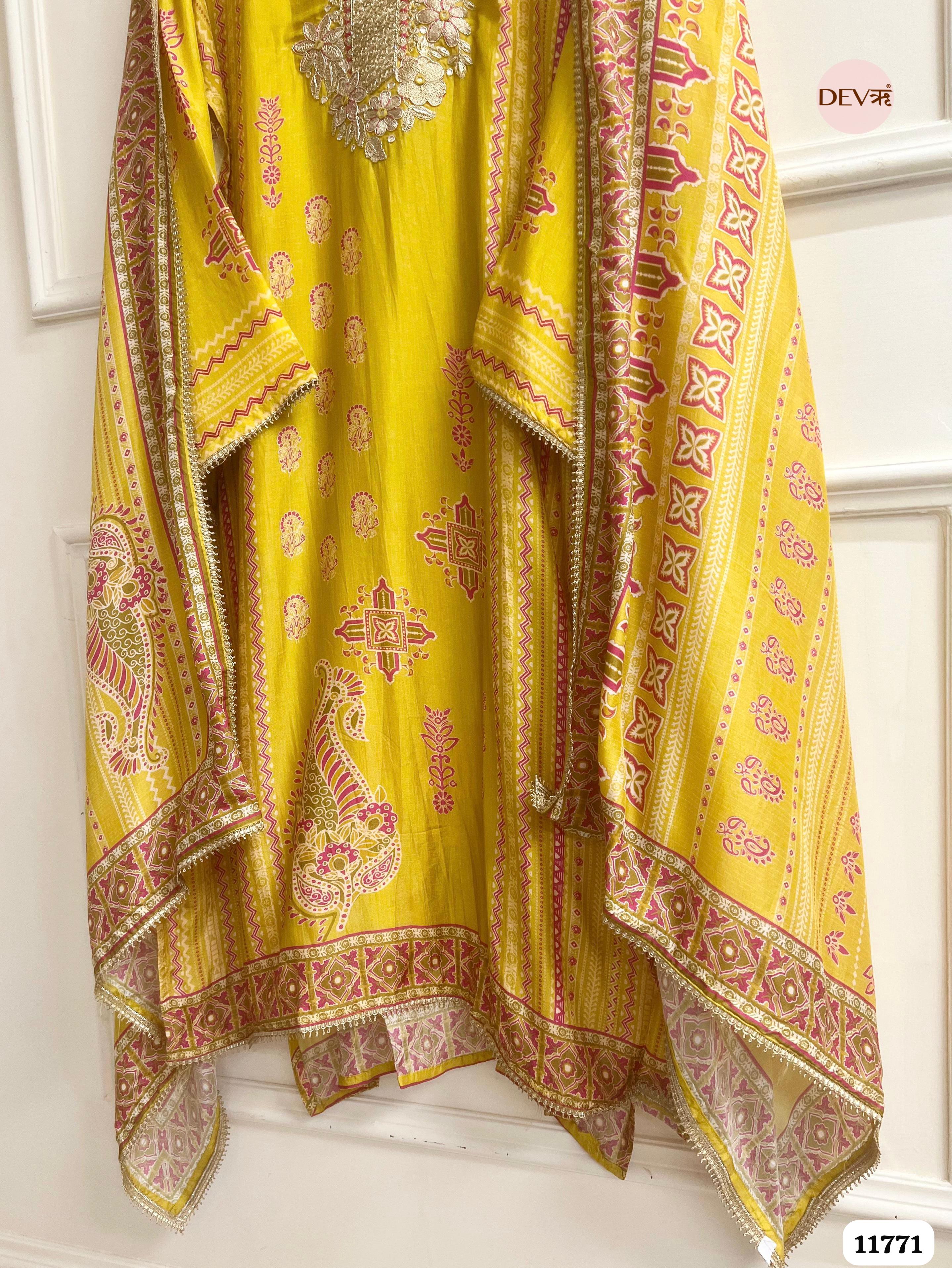 Yellow Russian Silk Unstitched Hand Embroidered -Set Of 3 {11771}