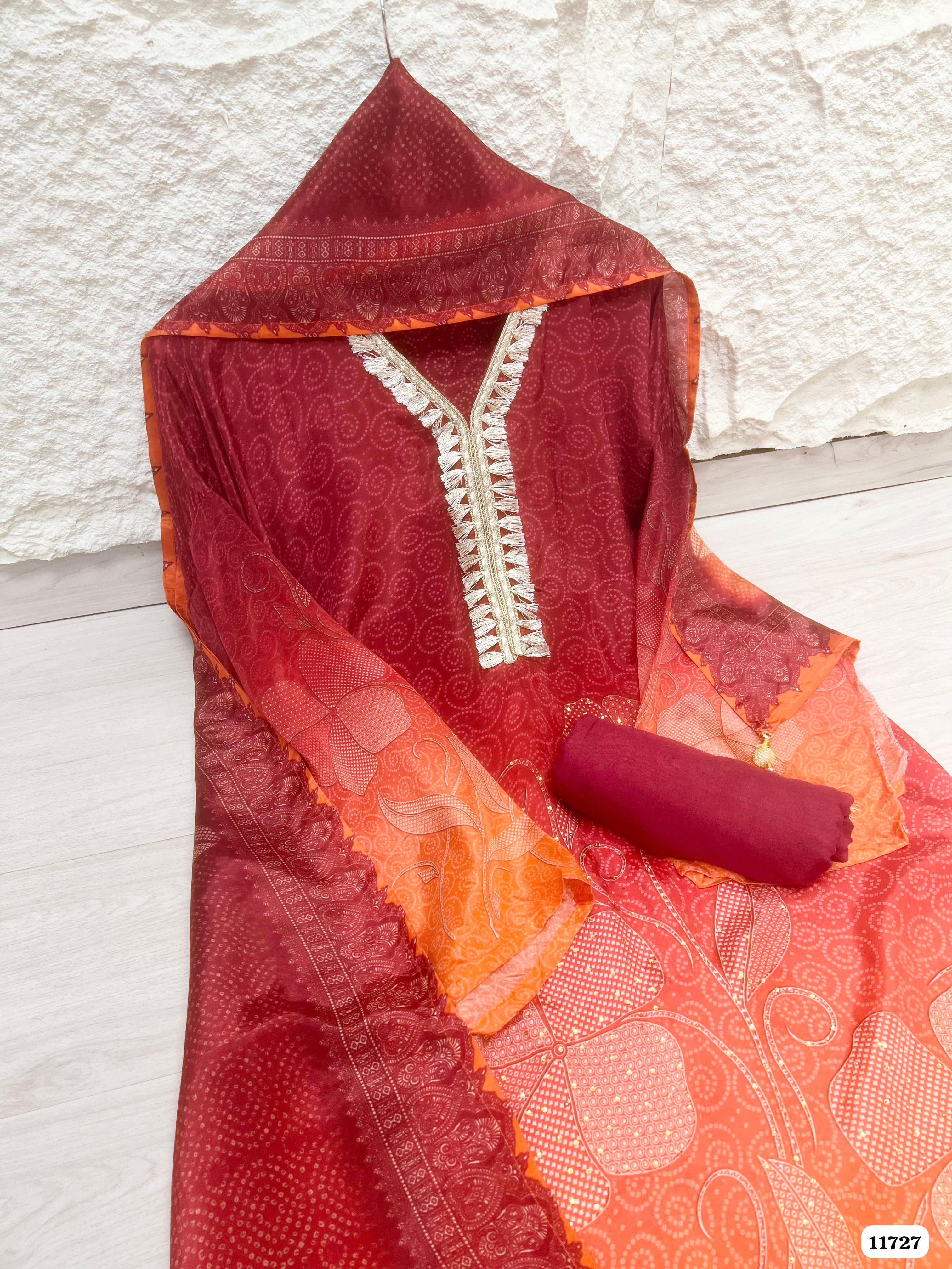 Red & Orange Silk Semi stitched Hand Embroidered -Set Of 3 {11727}
