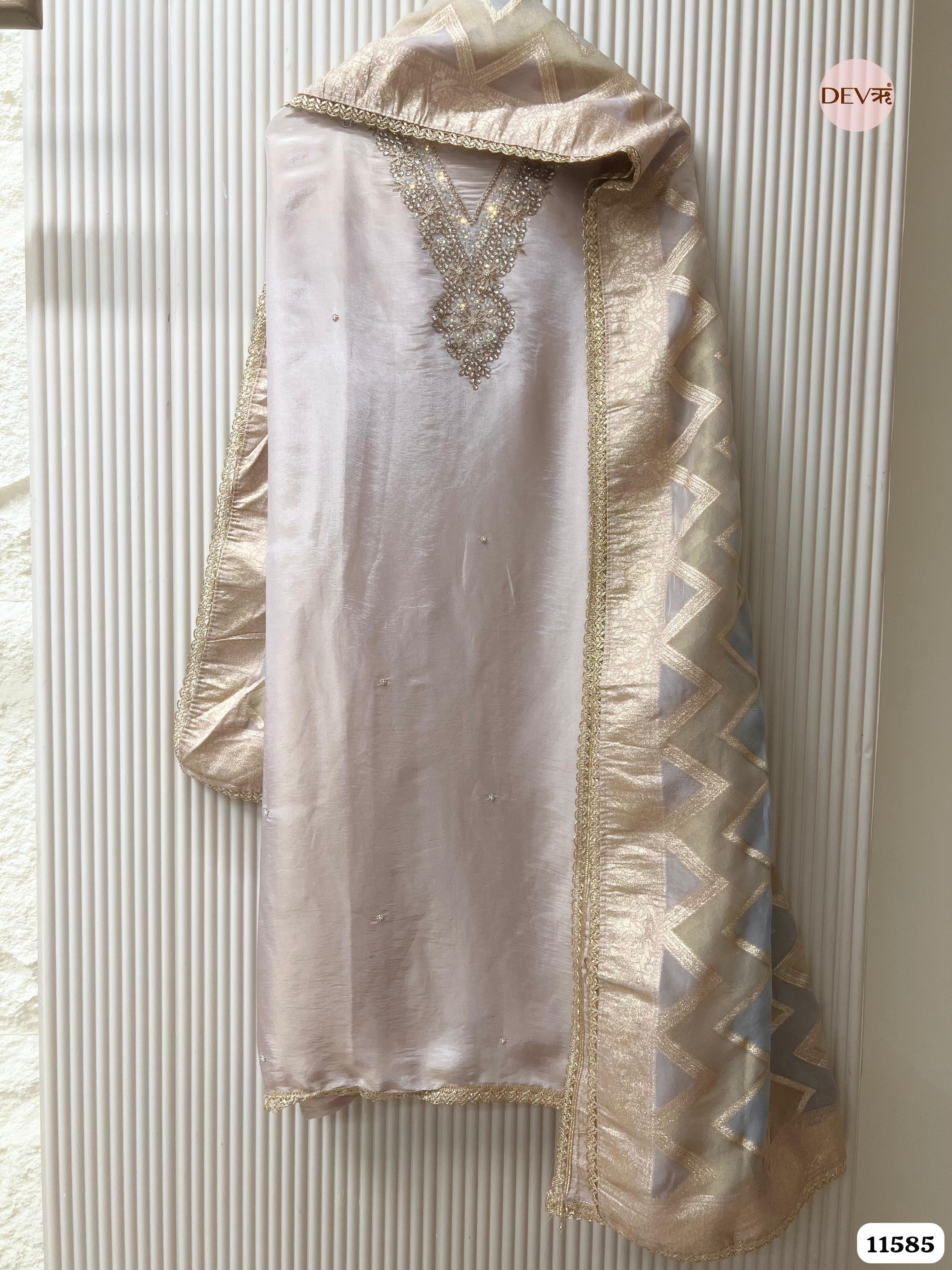 Beige Pure Tissue Silk Unstitched Hand Embroidered -Set Of 3 {11585}