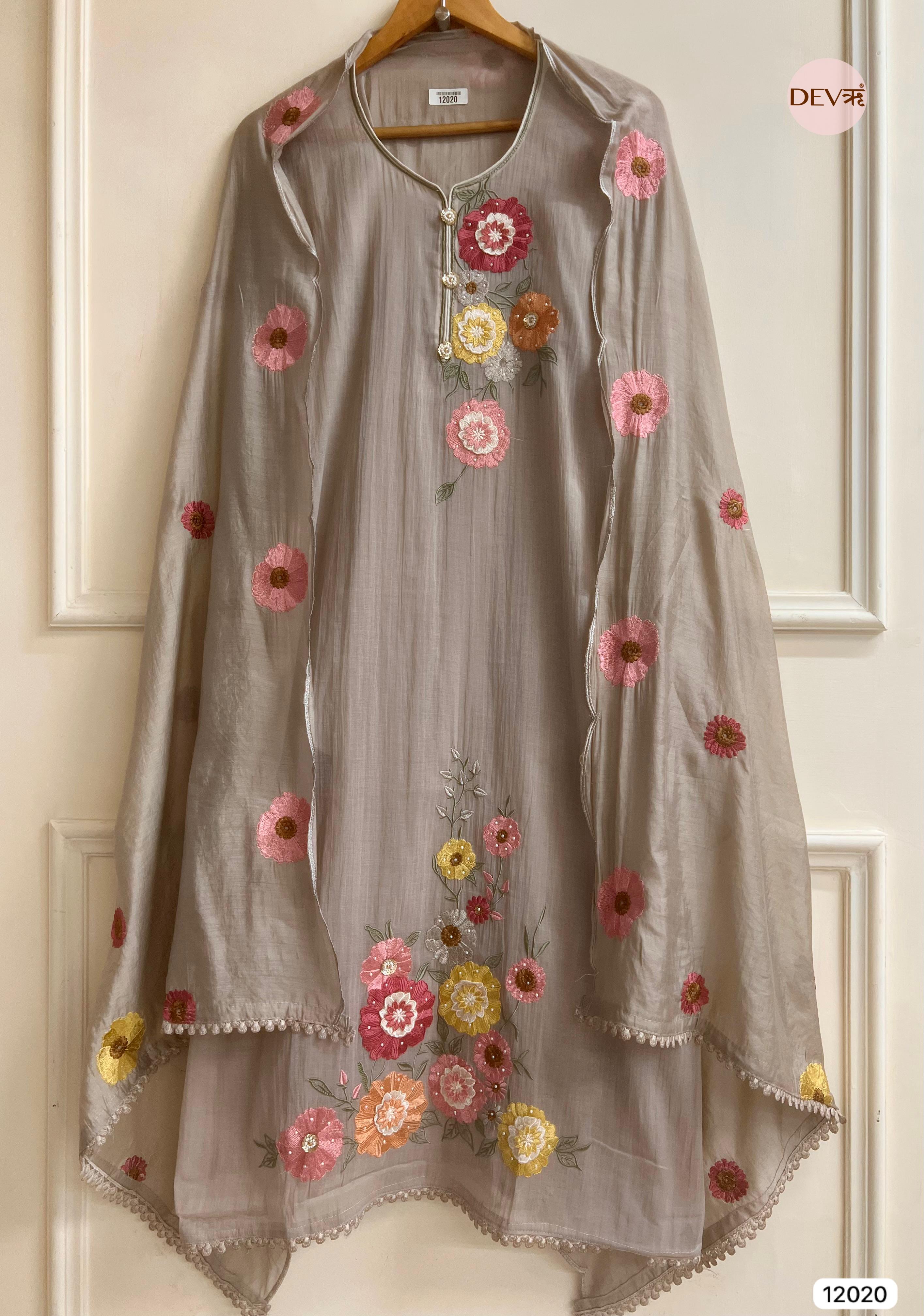 Brownish-Grey Pure Mul Chanderi Unstitched Embroidered -Set Of 3 - {12020}