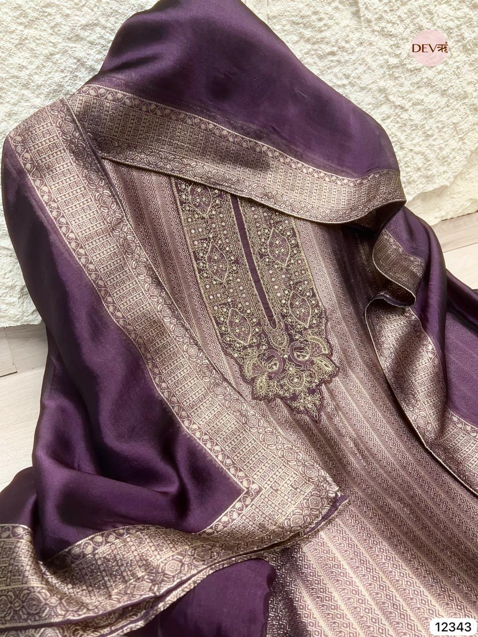 Deep Plum Pure Banarasi Silk Woven Unstitched 3-Piece Suit (Devri – D.No 12343)