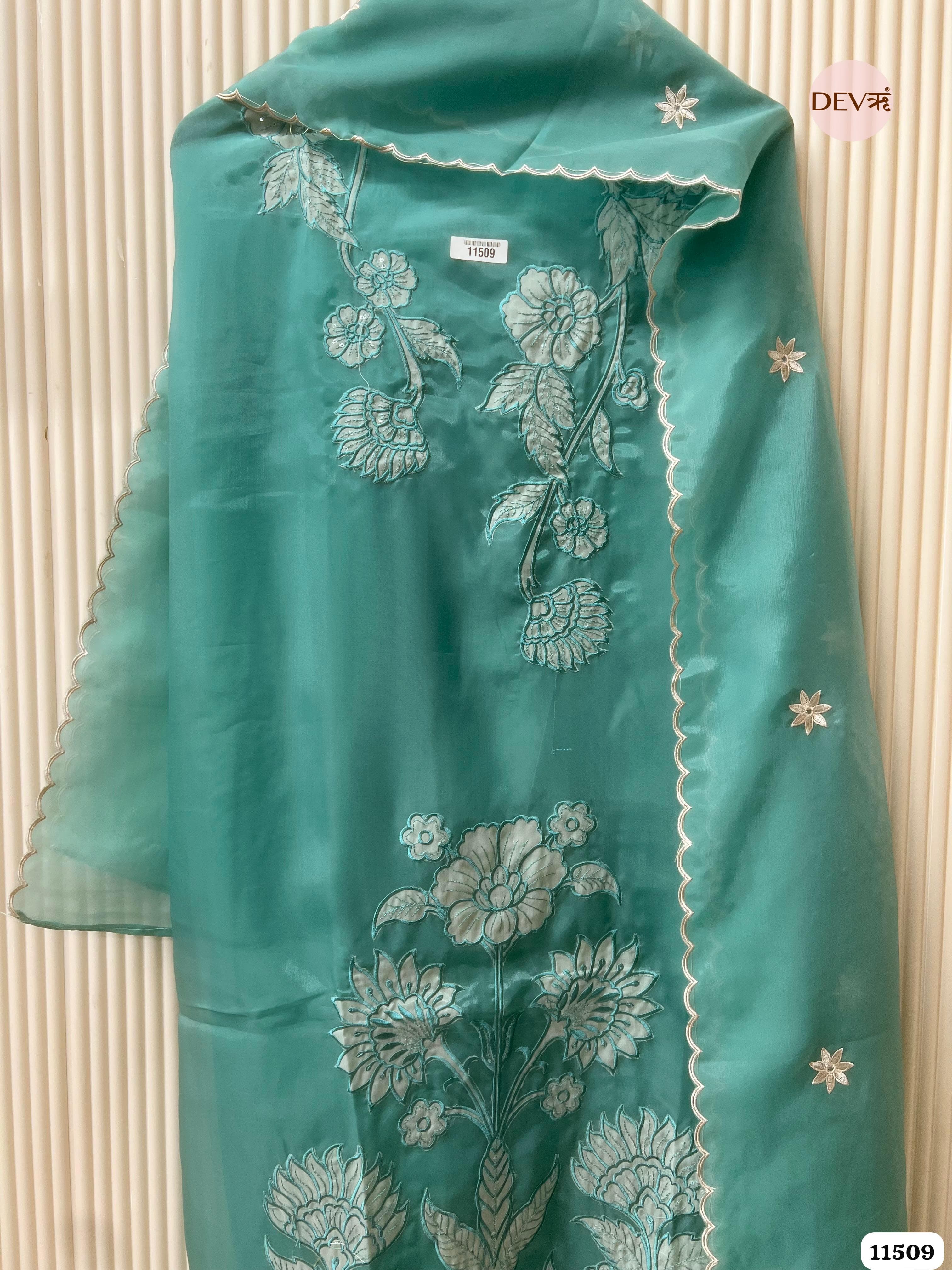 Green Organza silk Unstitched Embroidered -Set Of 3 {11509}