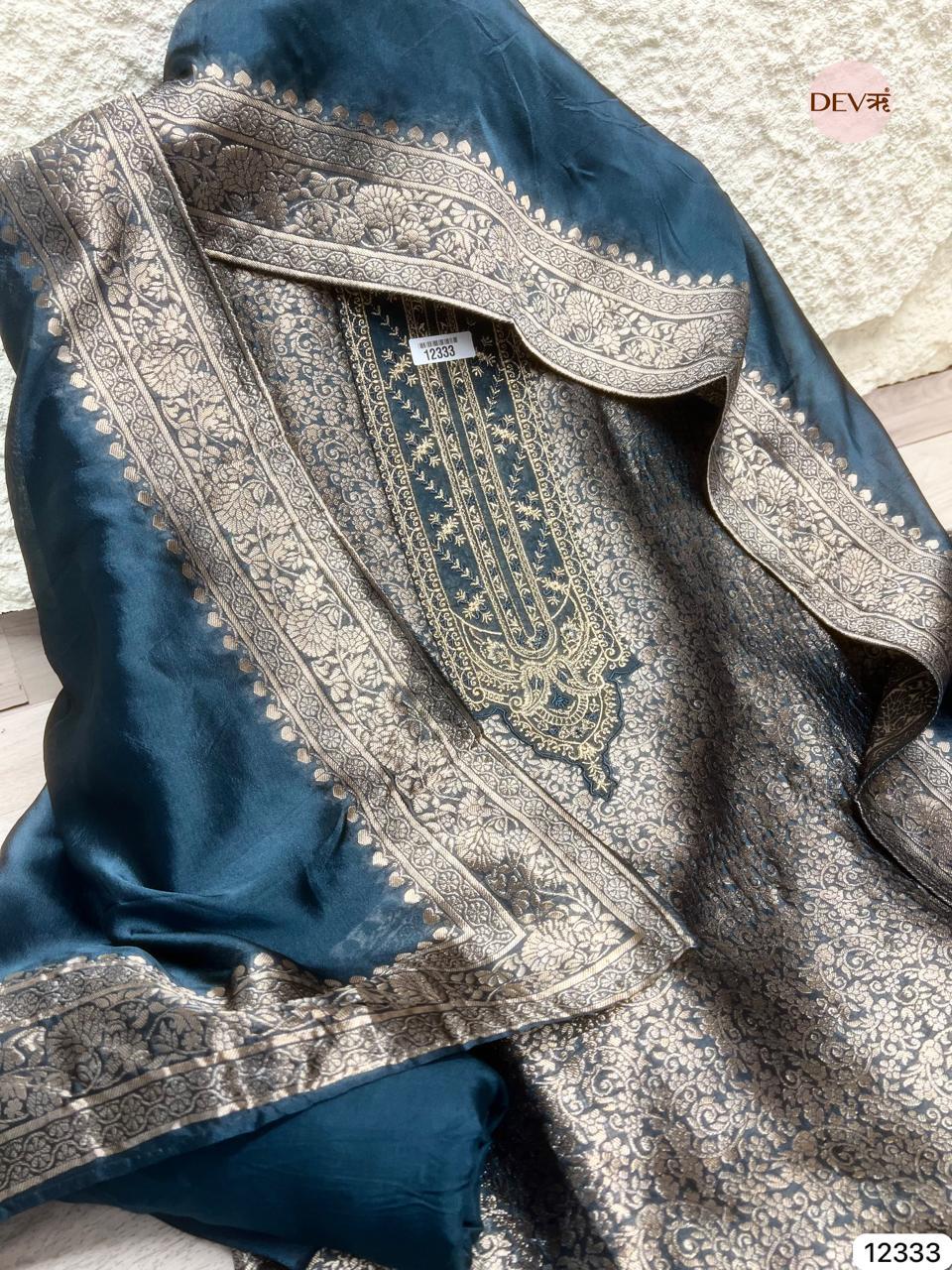 Deep Teal Blue Pure Banarasi Silk Woven Unstitched 3-Piece Suit (Devri – D.No 12333)