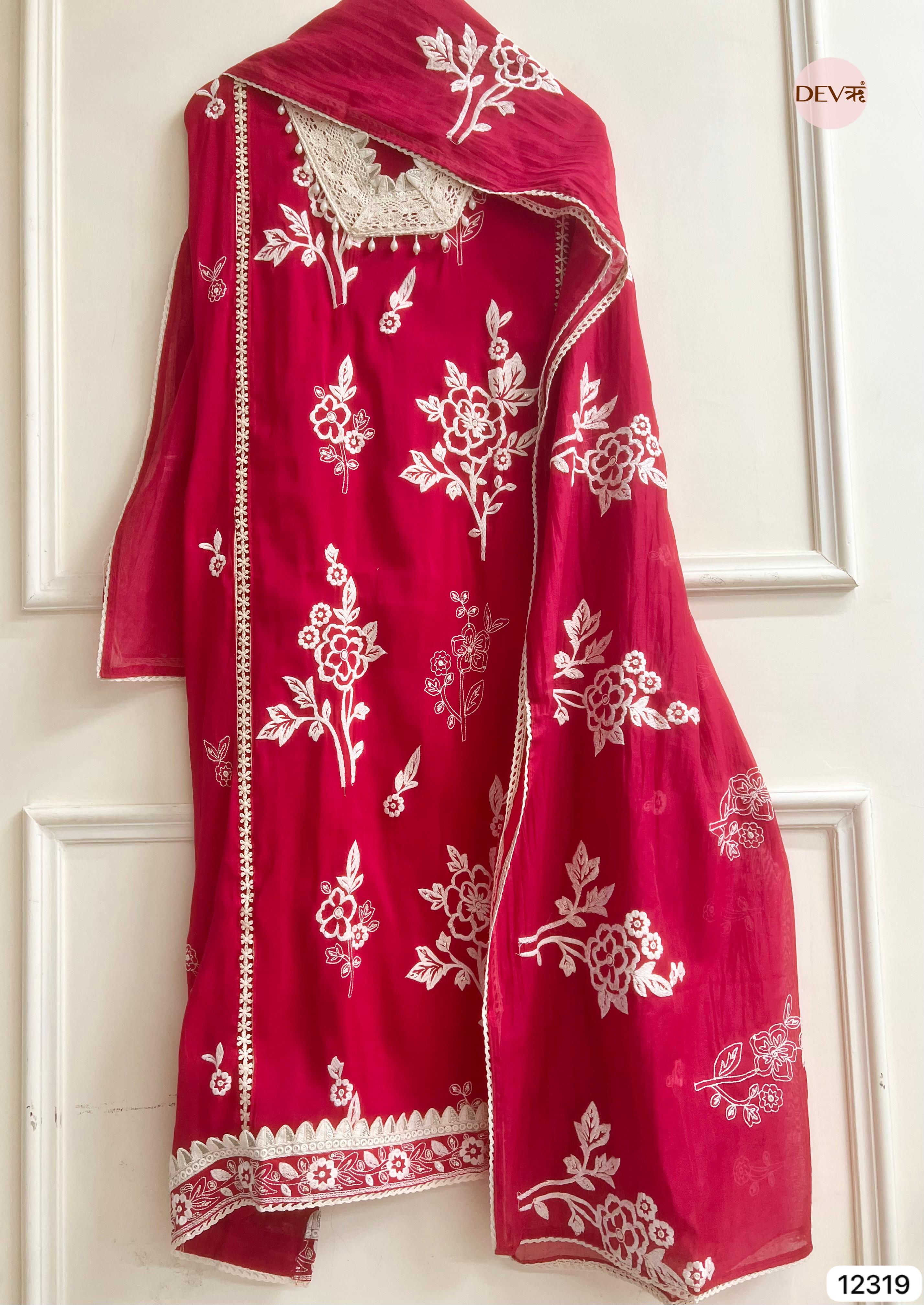 Deep Crimson Mul Chanderi Embroidered Unstitched 3-Piece Suit (Devri – D.No 12319)