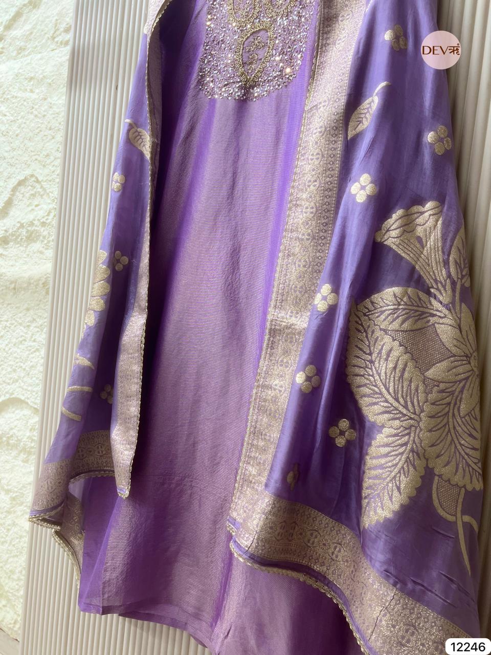 Lavender Tissue Shimmer Silk Embroidered Unstitched 3-Piece Suit (Devri – D.No 12246)