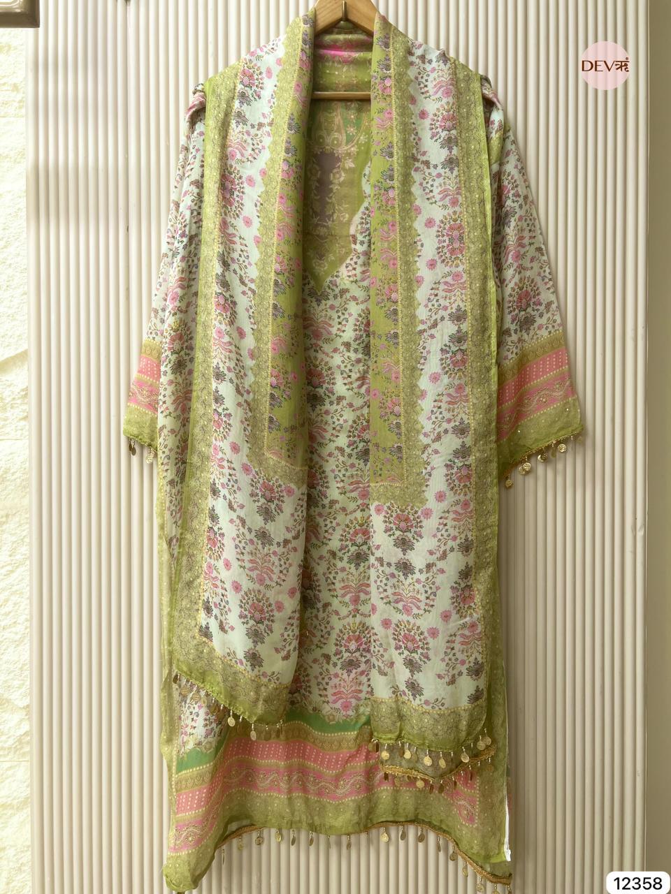 Sage Green Organza Printed Unstitched 3-Piece Suit (Devri – D.No 12358)