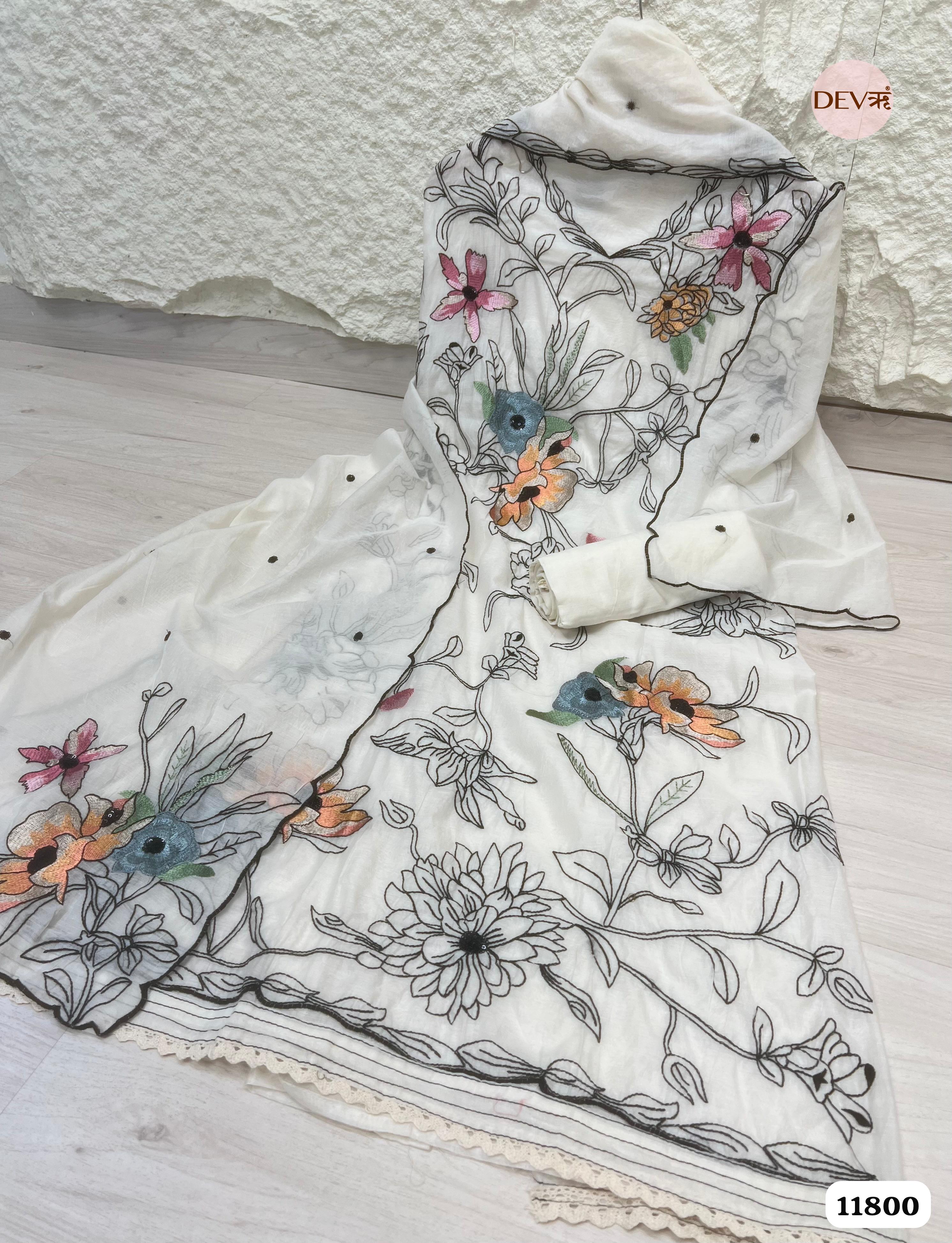 White Mul Chanderi Unstitched Embroidered -Set Of 3 {11800}