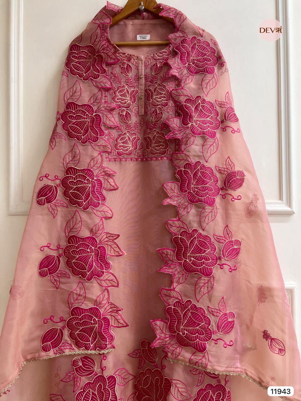 Pink Pure Tissue Shimmer Silk Unstitched Embroidered -Set Of 3 - {11943}