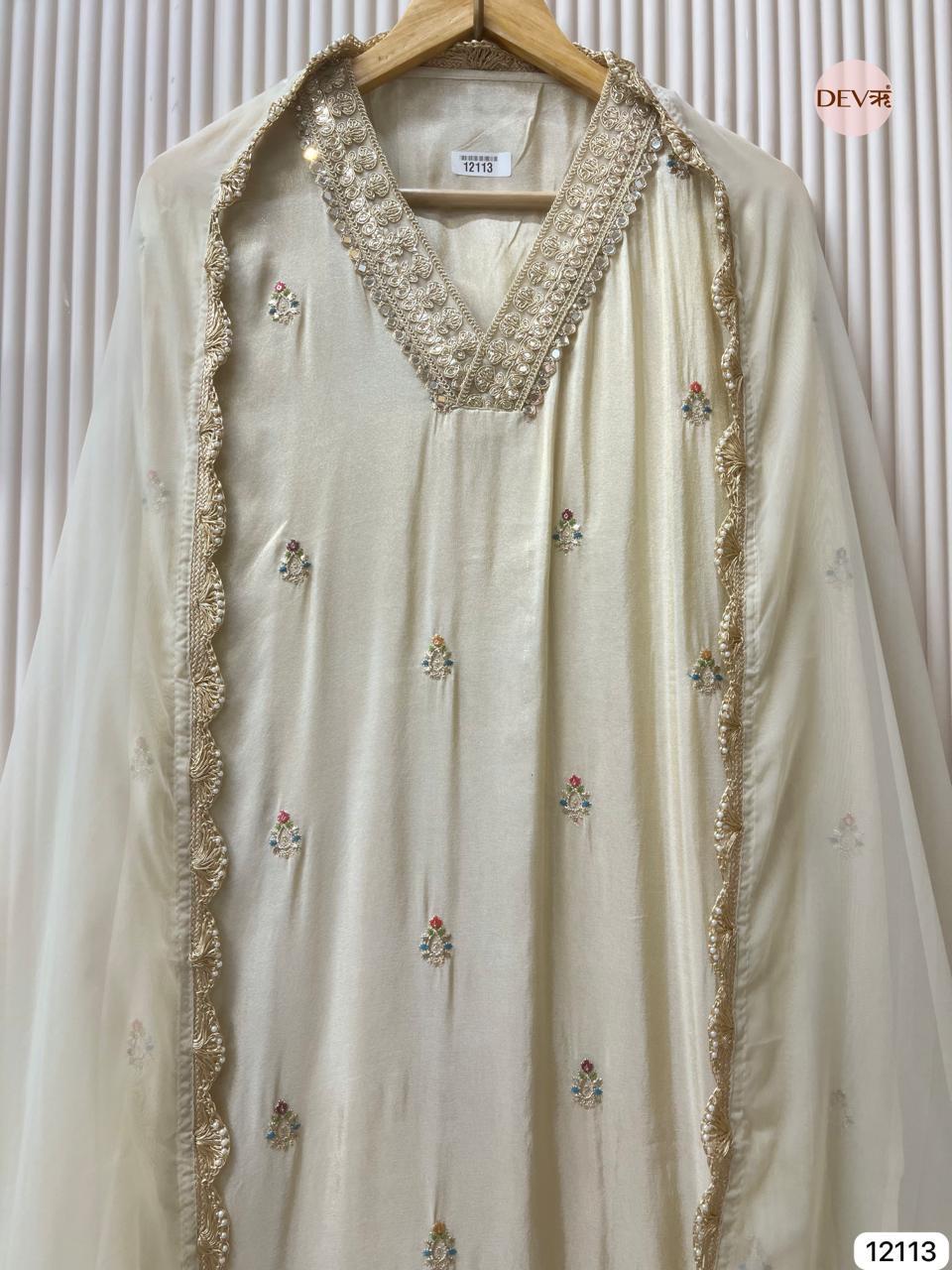 Ivory Tissue Shimmer Silk Embroidered Unstitched 3-Piece Suit (Devri – D.No 12113)