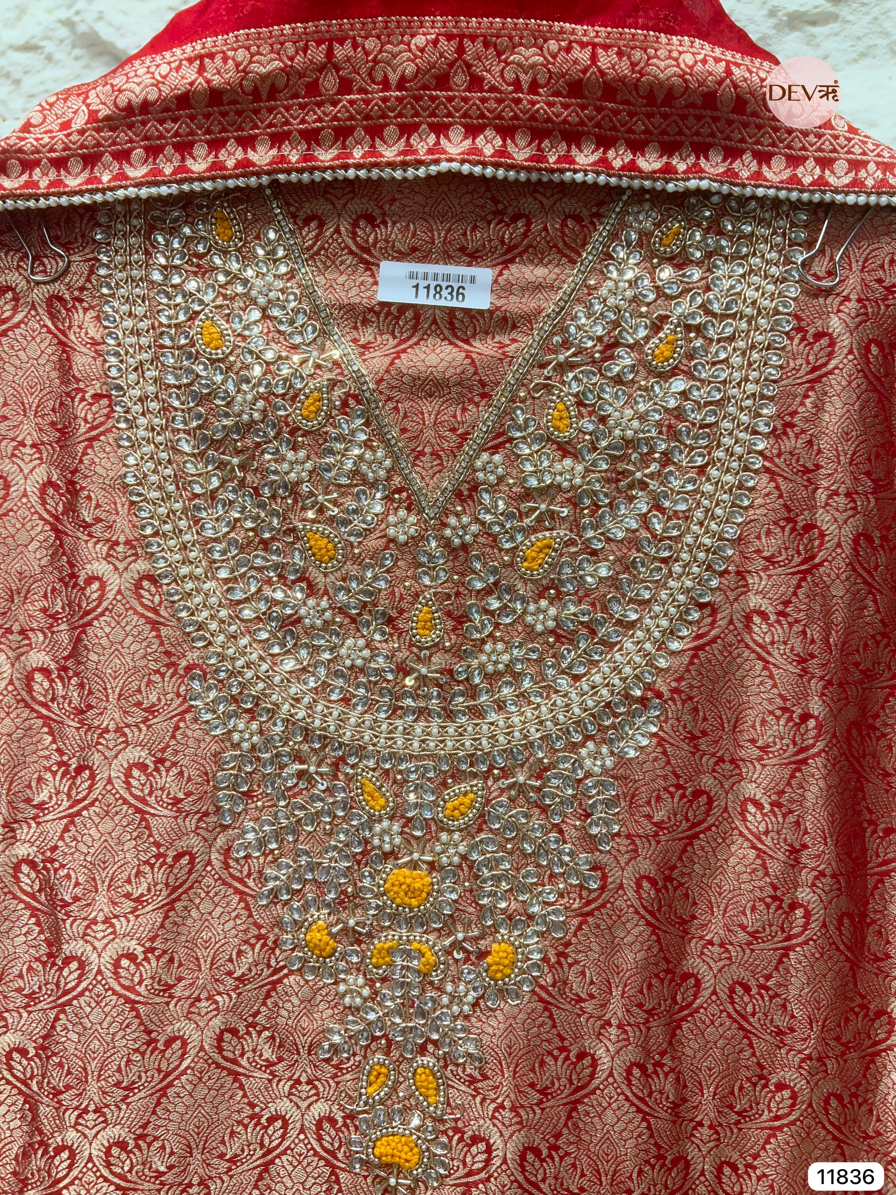 Red Pure Dola Silk Unstitched Banarasi Weave Hand Embroidered -Set Of 3- {11836}
